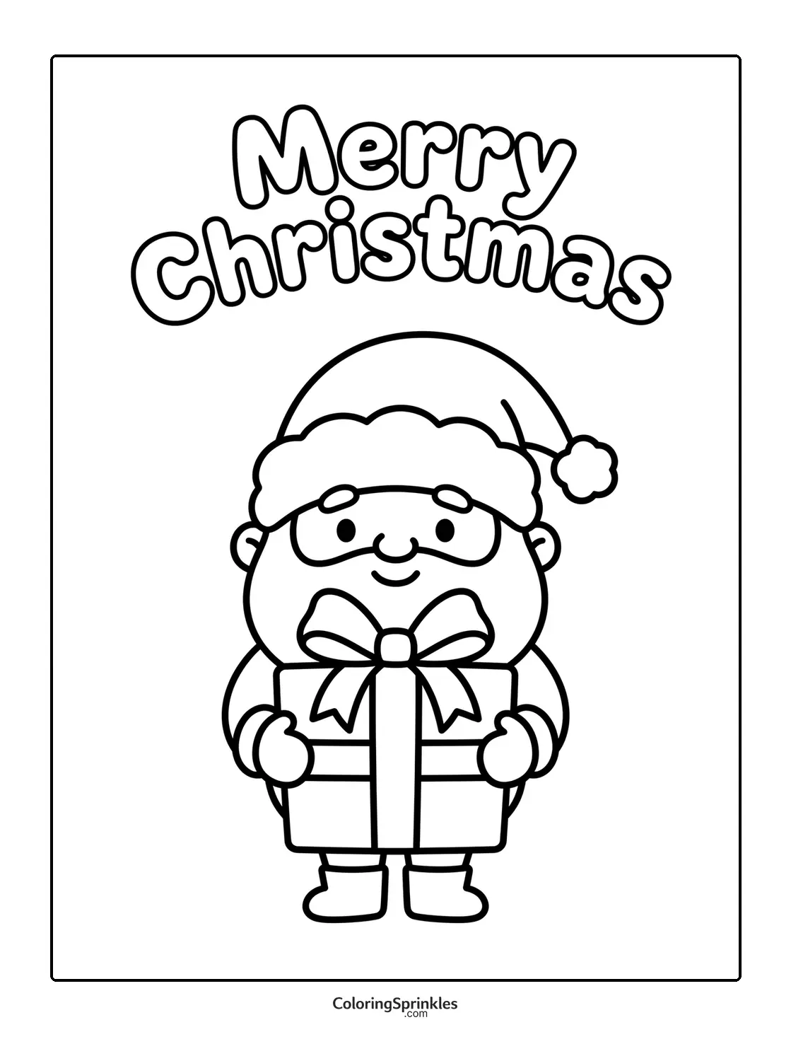 Coloring page of Christmas Santa holding a gift