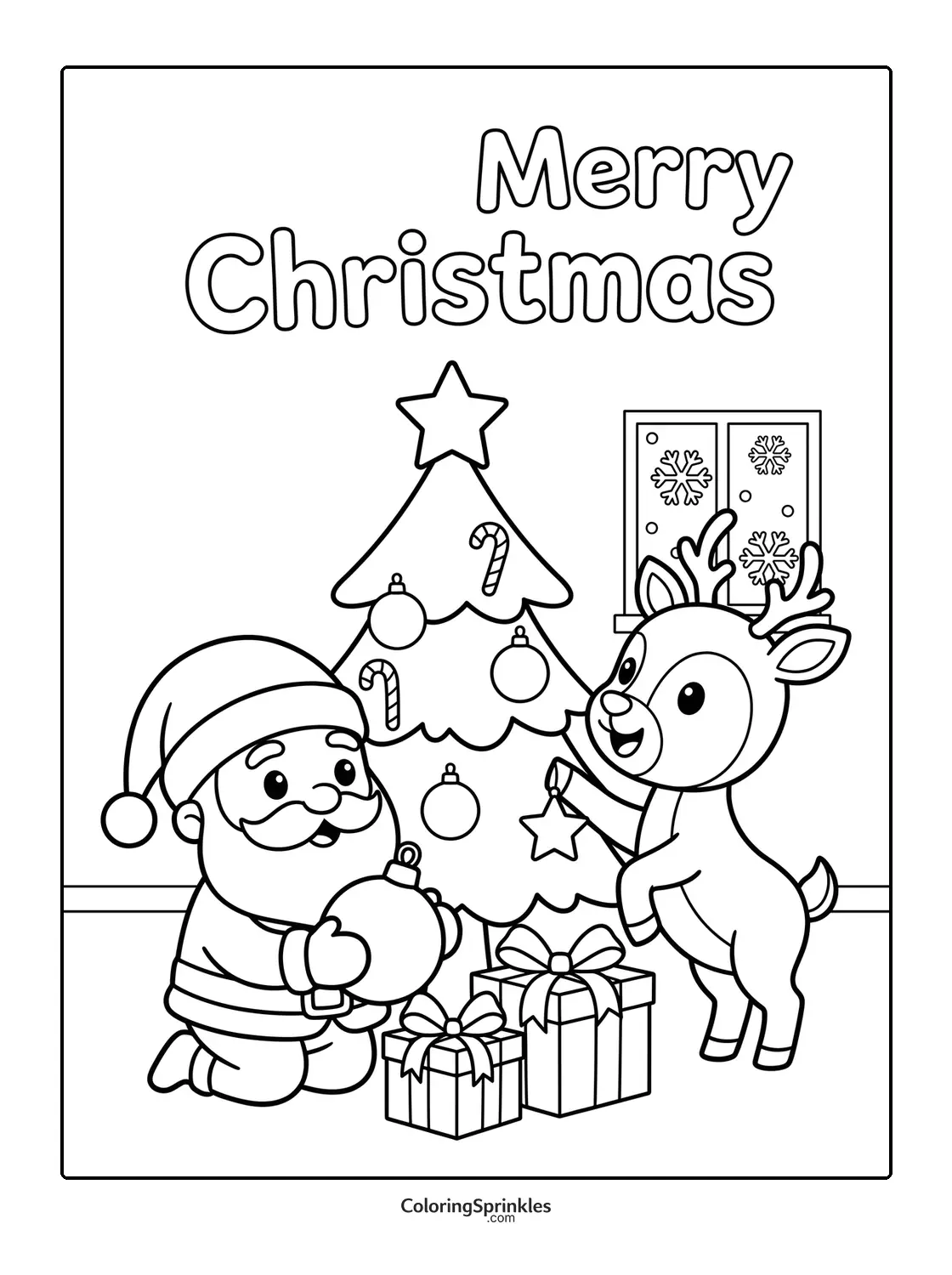 Coloring page of Santa and a reindeer decorating a Christmas tree