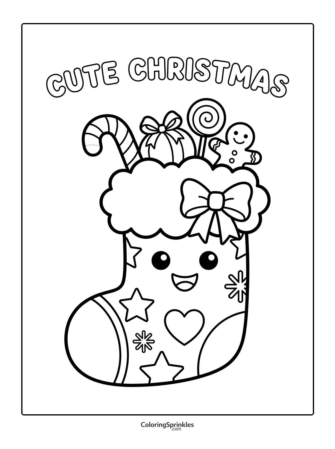 Coloring page of a cute Christmas stocking filled with candy and a gingerbread man