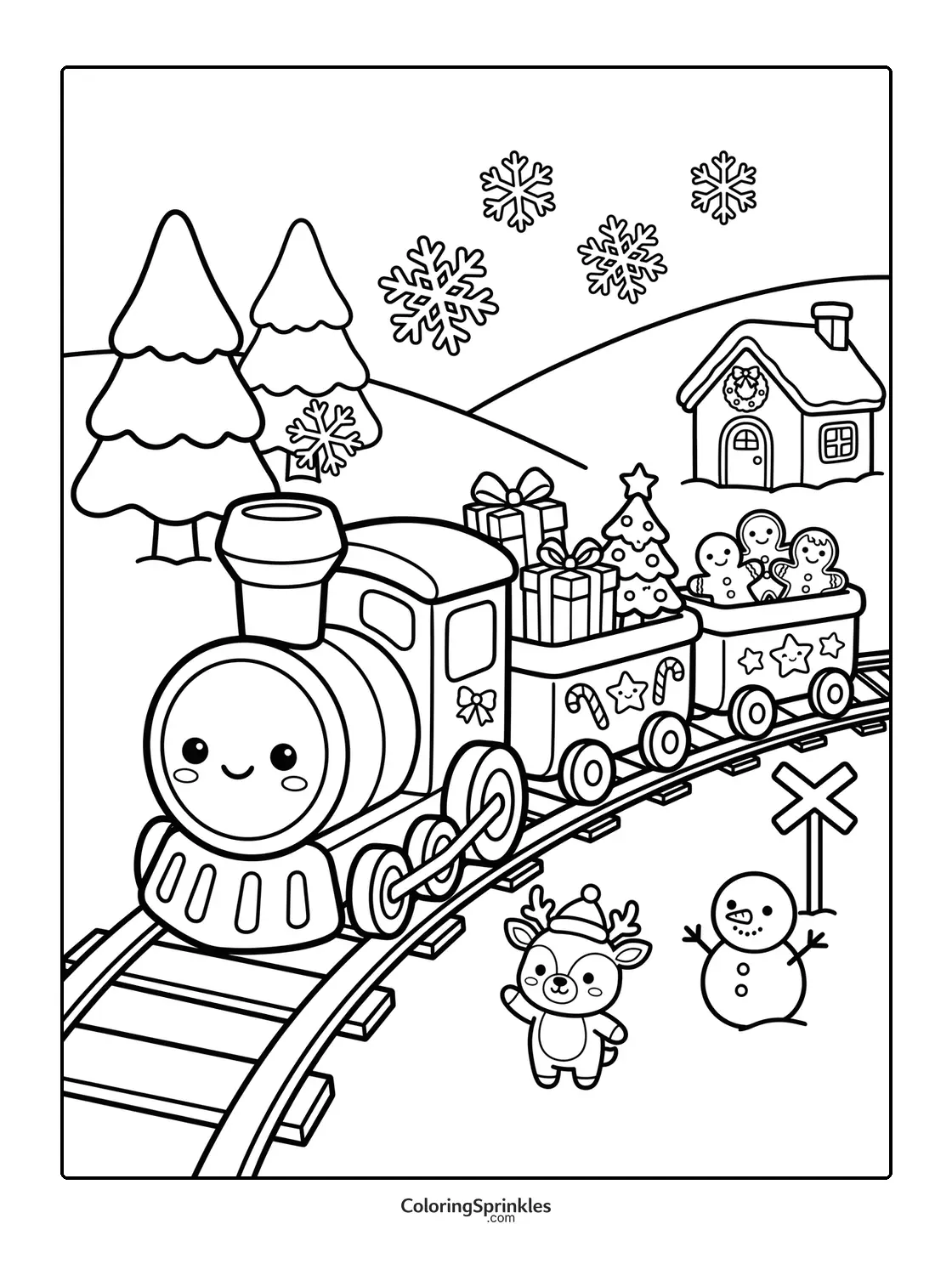 Coloring page of a Christmas train carrying presents and gingerbread with a reindeer and snowman