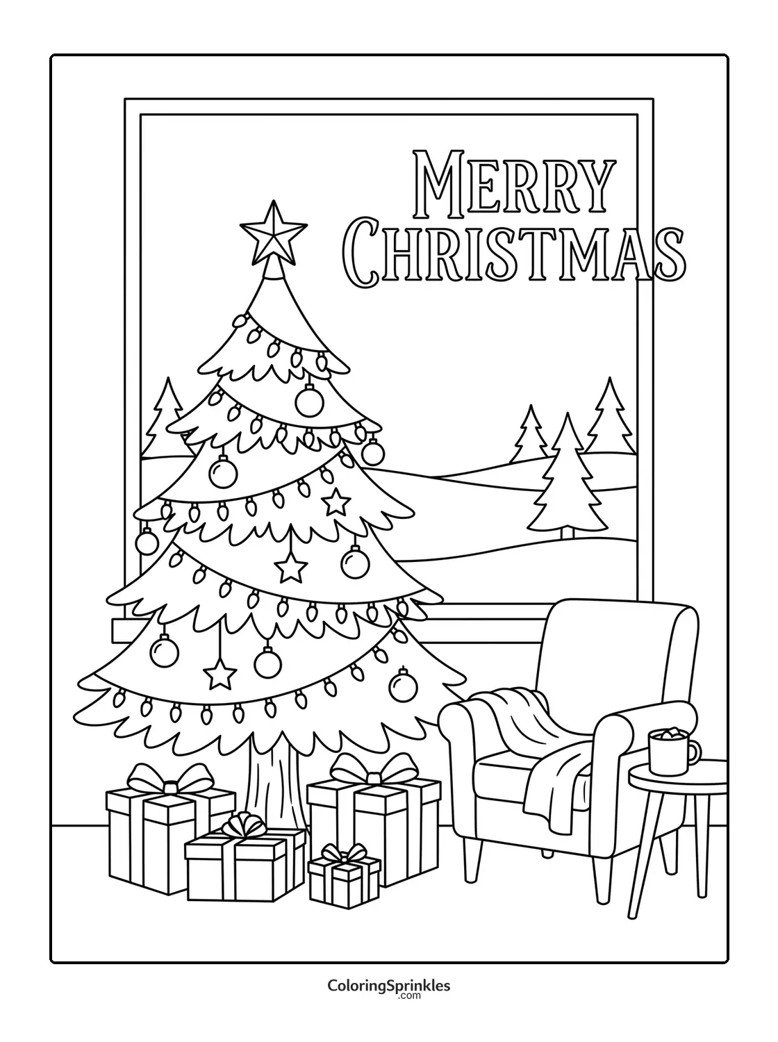 Coloring page of a decorated Christmas tree with presents and an armchair by a window