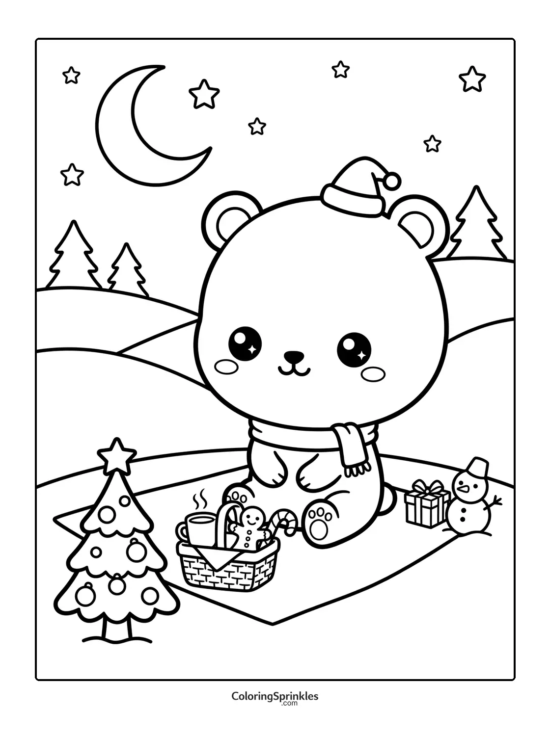 Coloring page of a cute bear having a Christmas picnic on a winter night