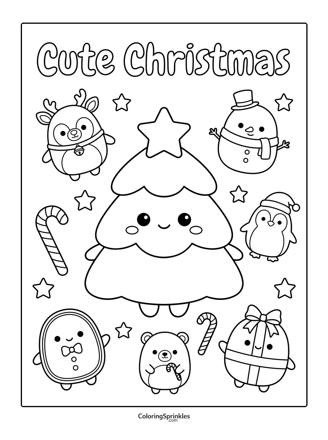 Coloring page of cute Christmas tree and holiday characters with candy canes
