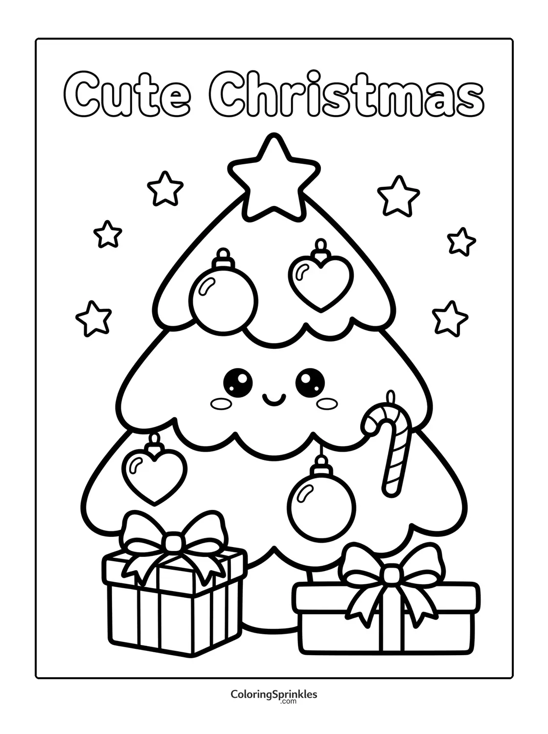 Coloring page of a cute Christmas tree with gifts, candy cane and stars
