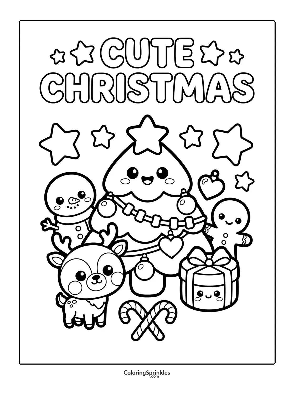 Coloring page of a cute Christmas tree with reindeer, snowman, gingerbread man and gifts