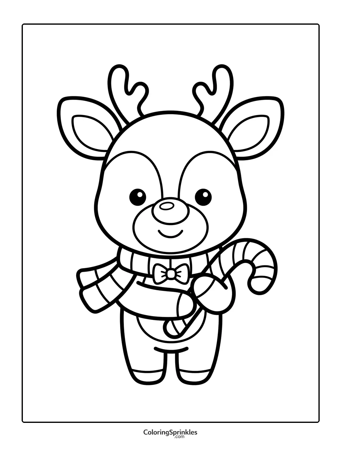 Coloring page of a cute reindeer holding a candy cane wearing a scarf and bow tie