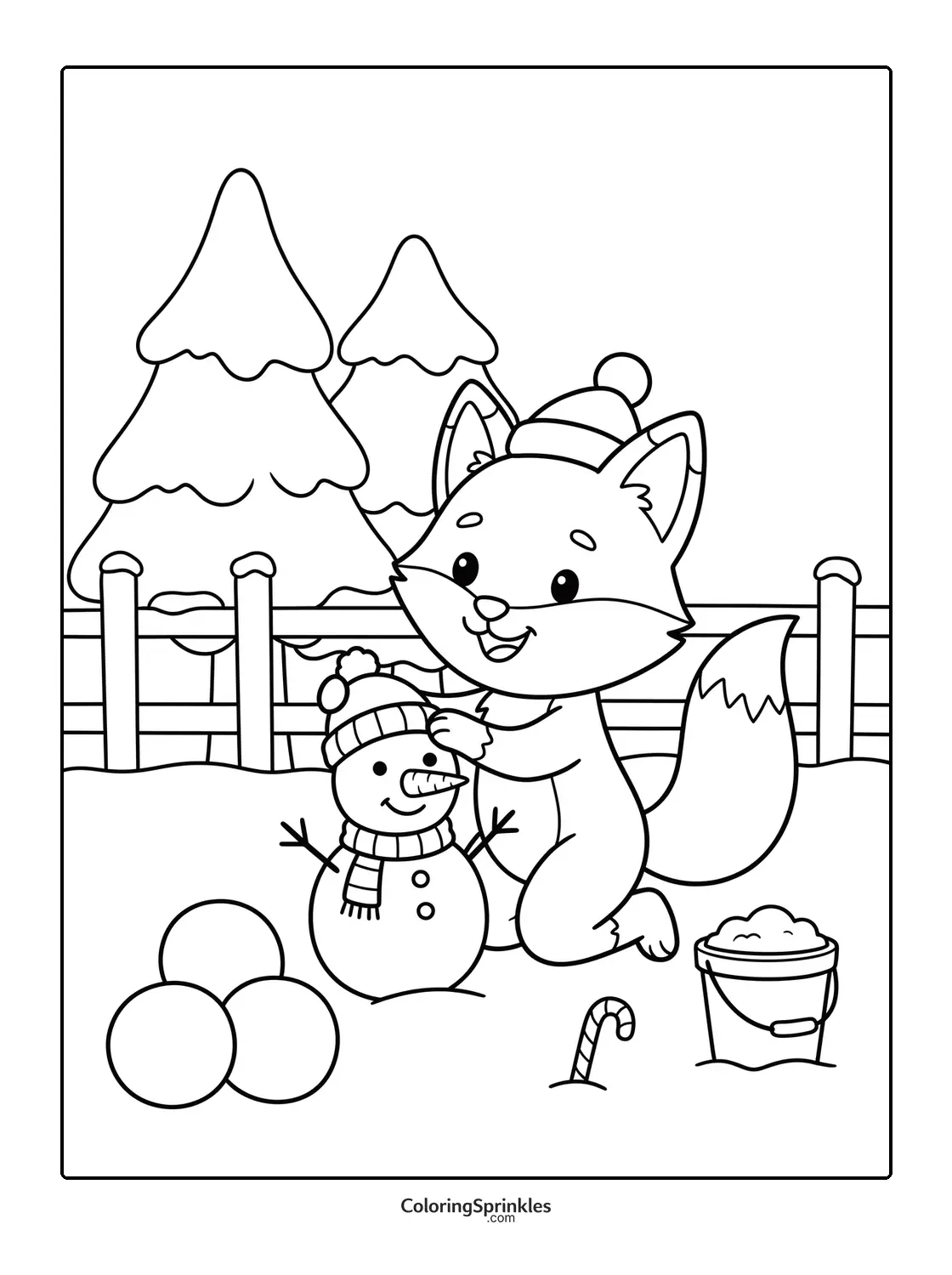 Coloring page of a fox building a snowman in a winter yard
