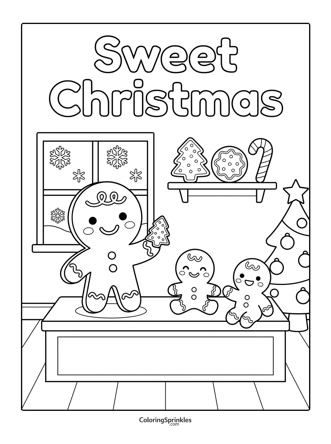 Coloring page of gingerbread characters with a Christmas tree and window