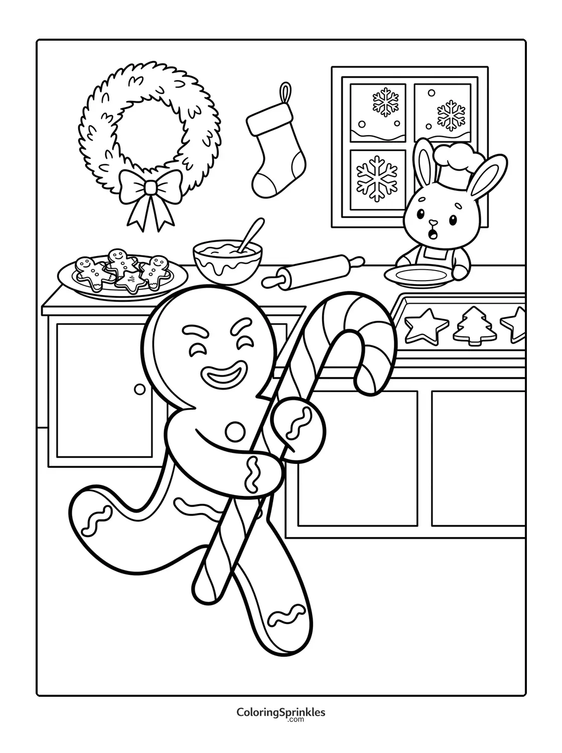 Coloring page of a gingerbread man holding a candy cane in a kitchen with baking supplies