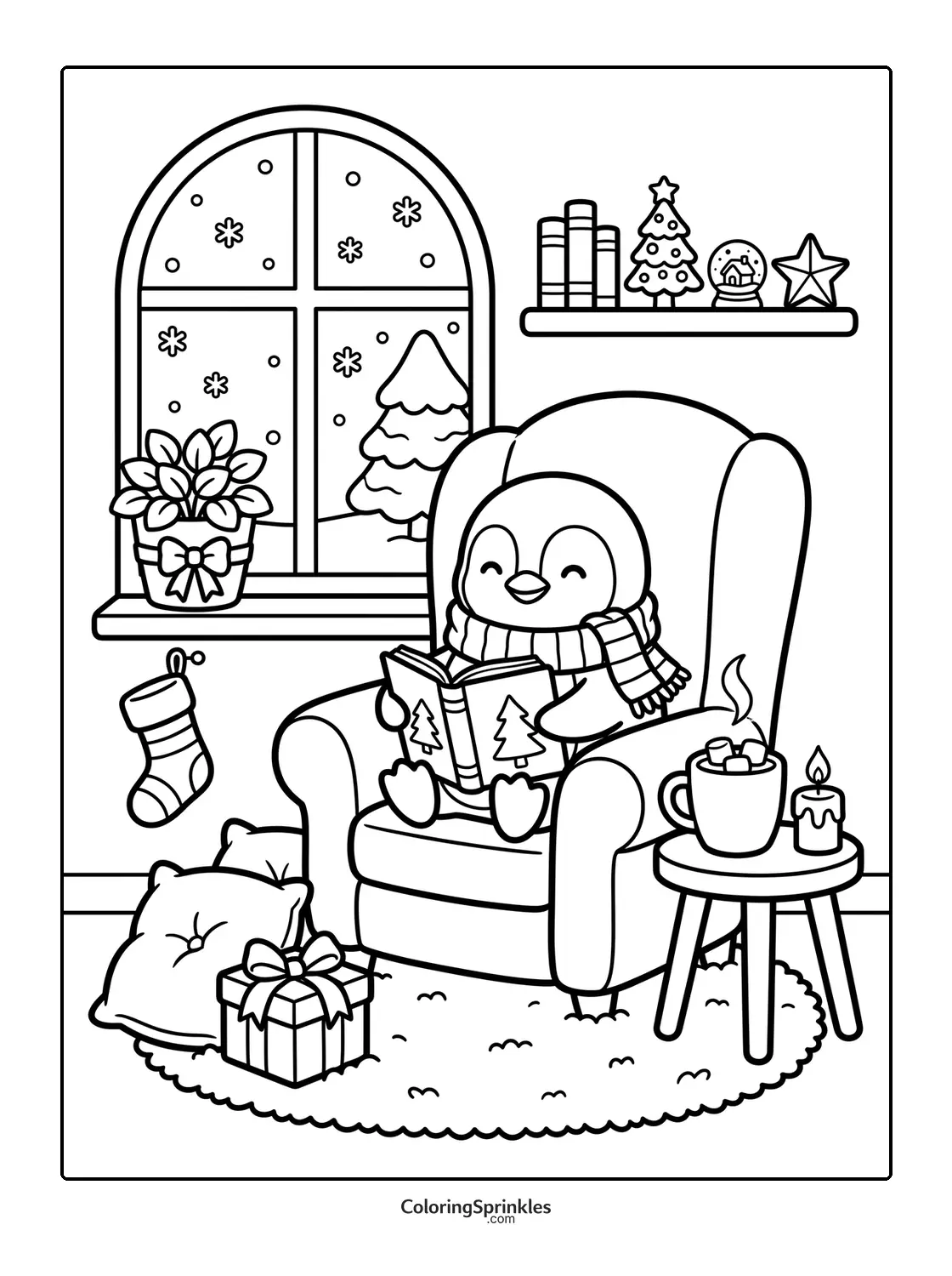 Coloring page of a penguin reading a Christmas book in a cozy room