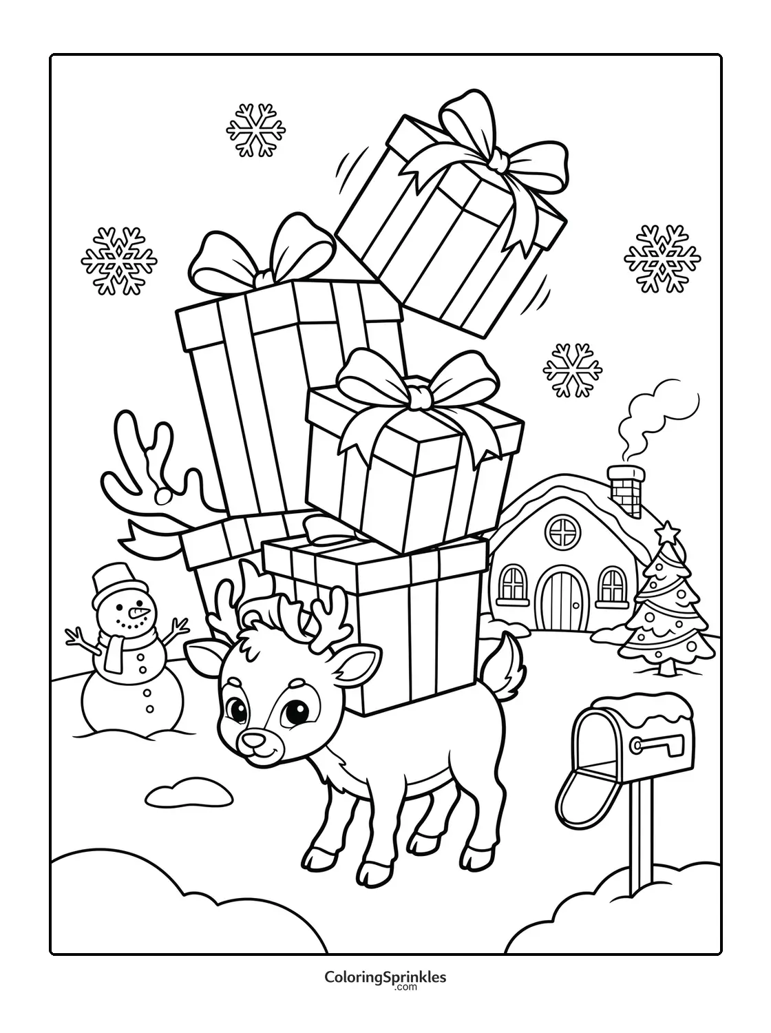 Coloring page of a reindeer carrying Christmas presents in a winter scene