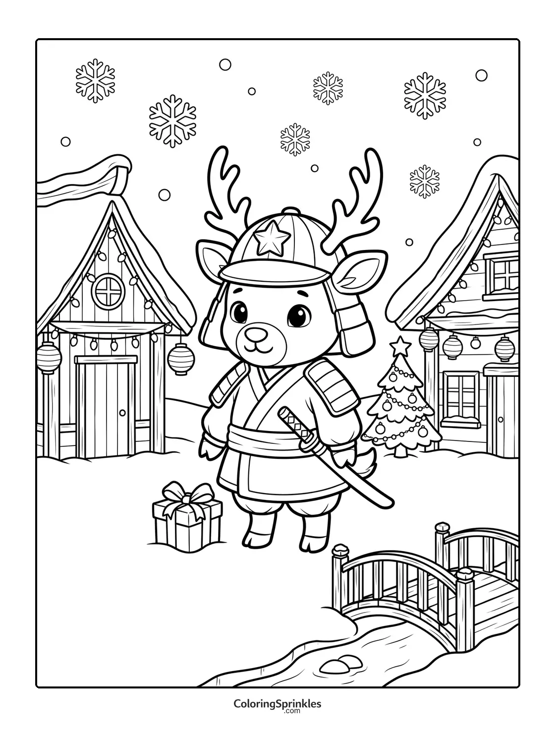 Coloring page of a reindeer dressed as a samurai in a winter village with a Christmas tree