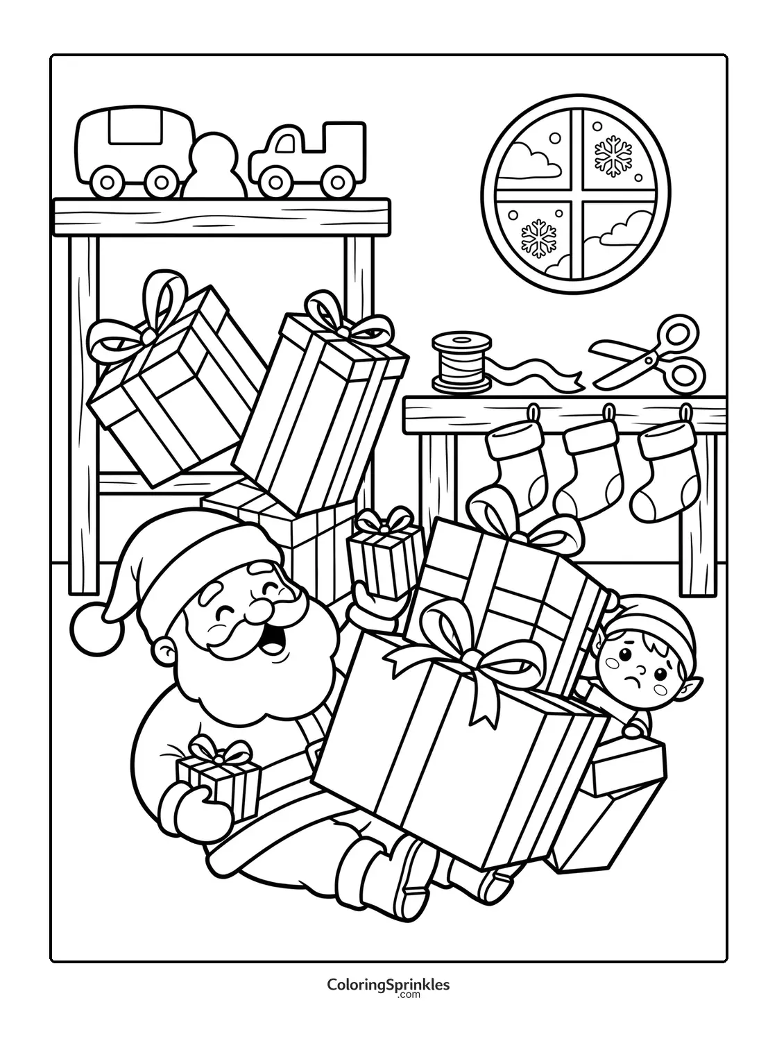 Coloring page of Santa and an elf with Christmas gifts and stockings by a window