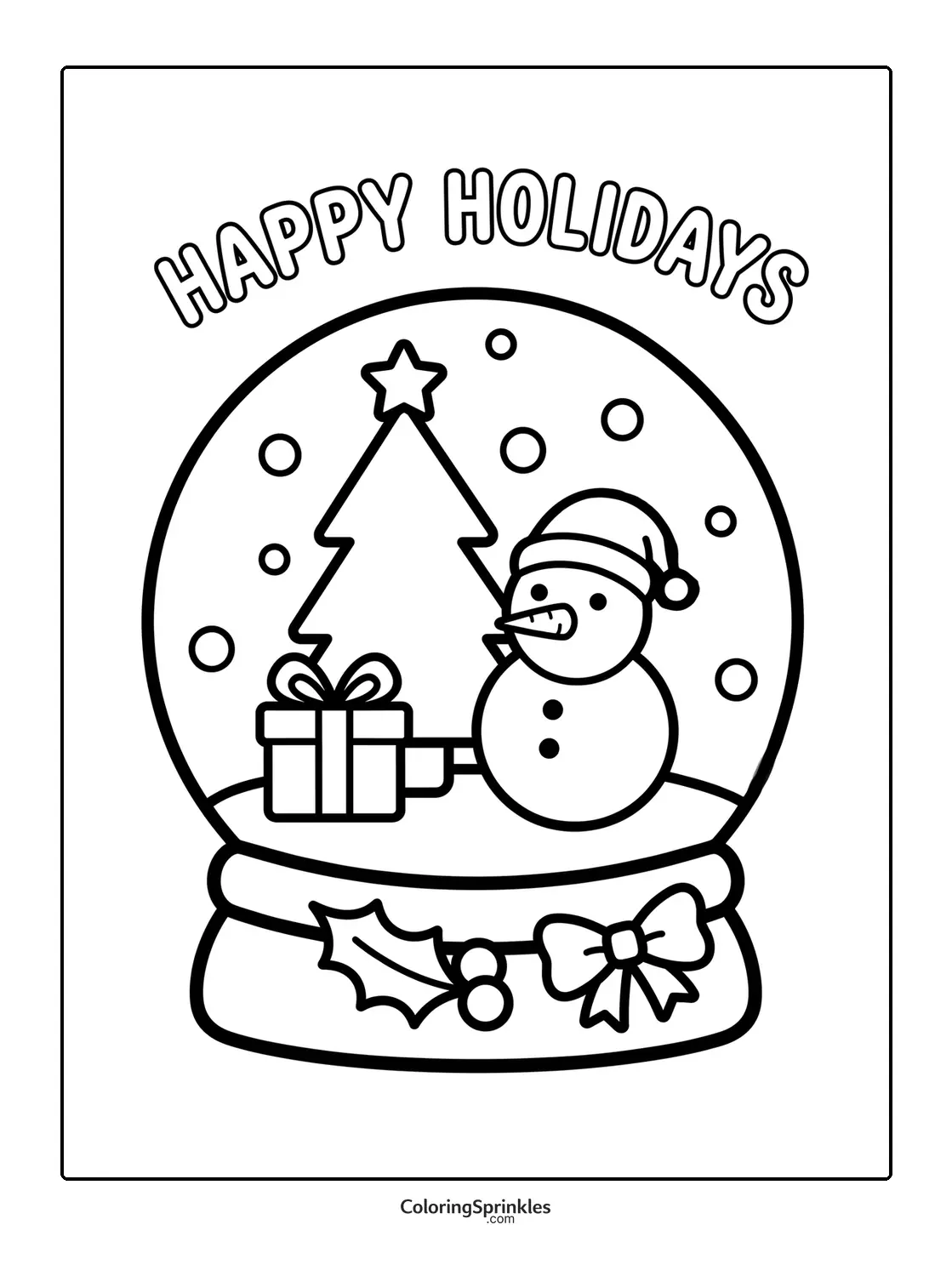 Coloring page of a snow globe with a snowman, Christmas tree, and gift