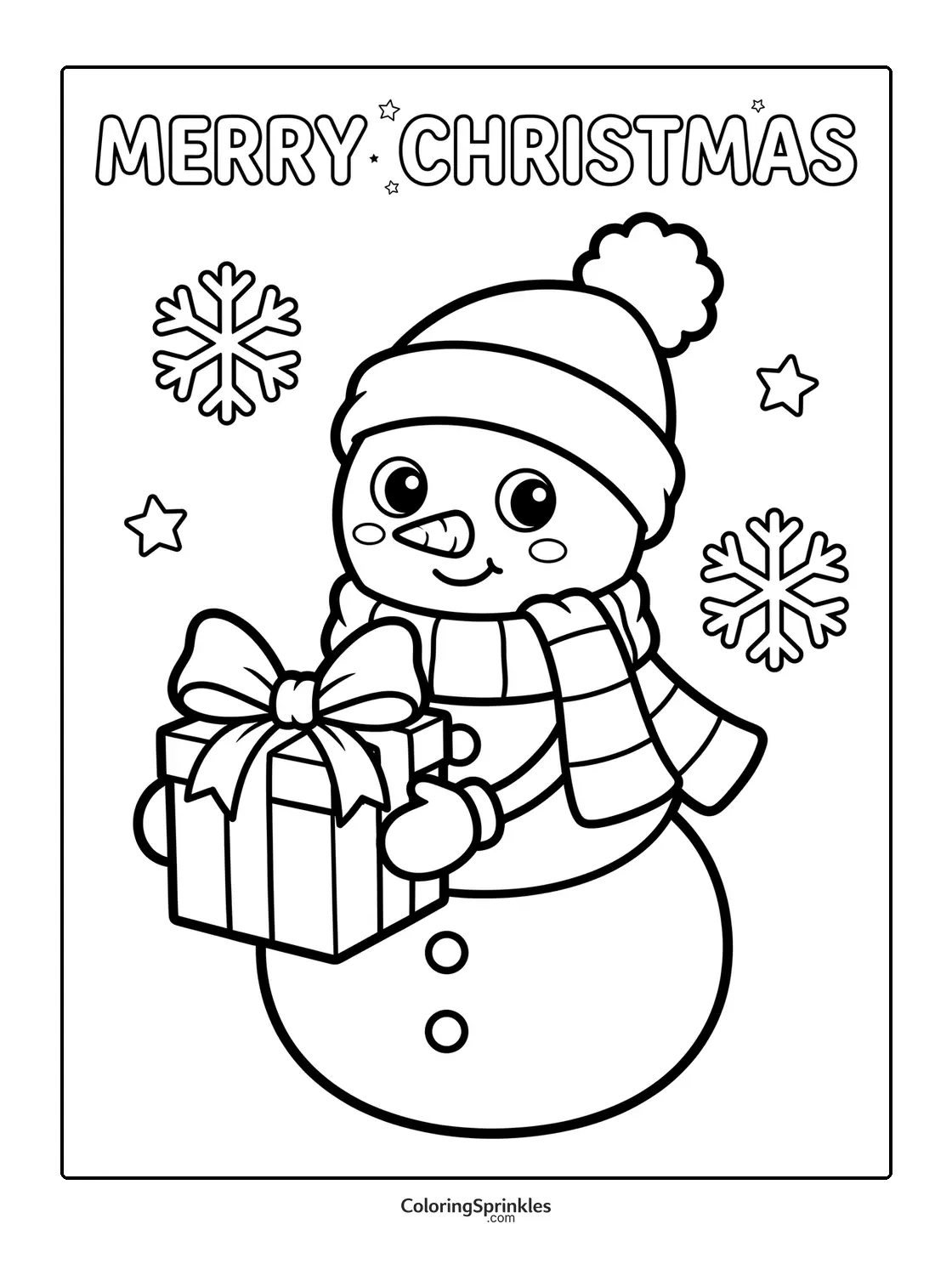 Coloring page of a snowman holding a gift with Christmas snowflakes