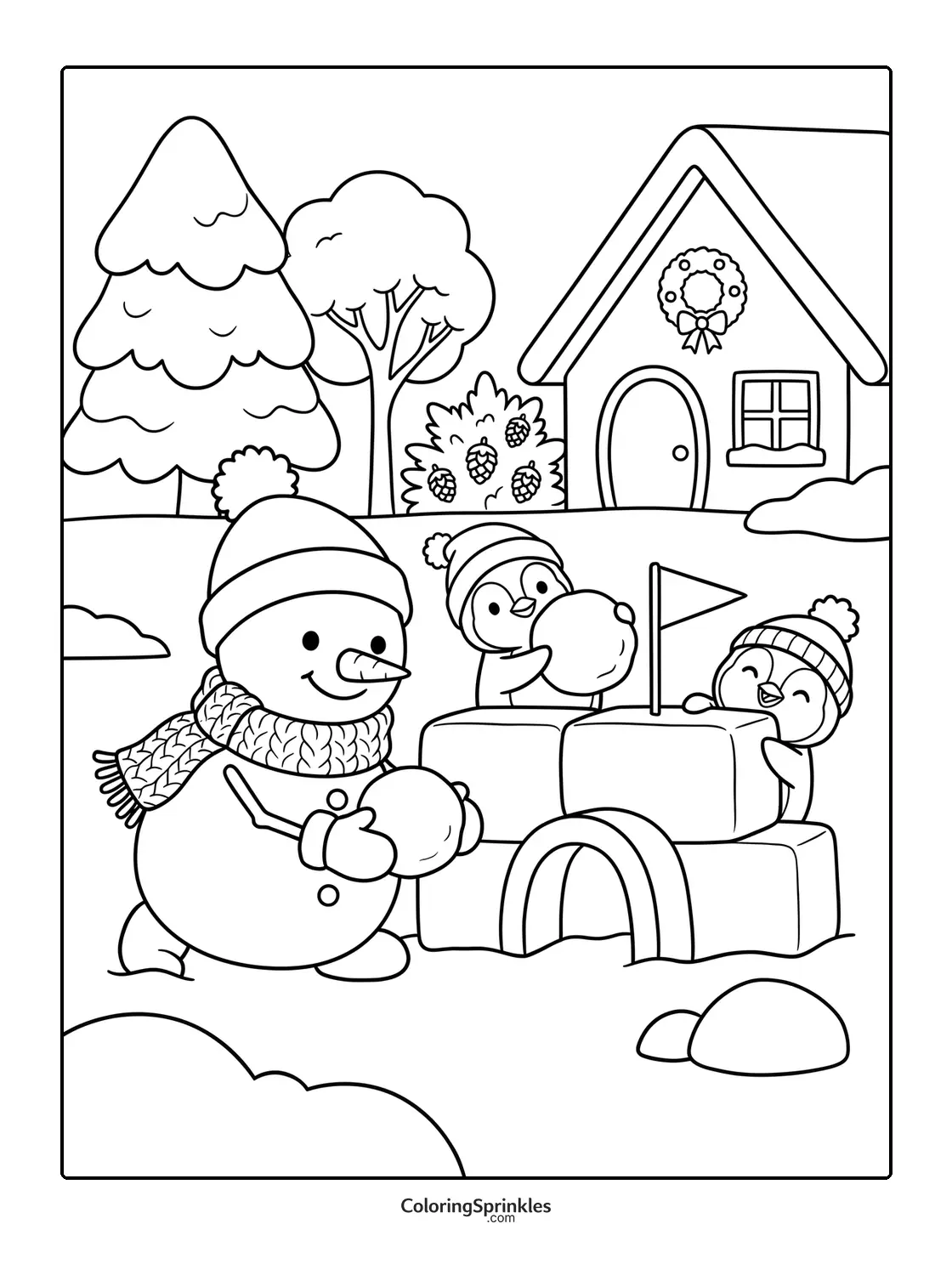 Coloring page of a snowman and penguins building a snow fort in winter