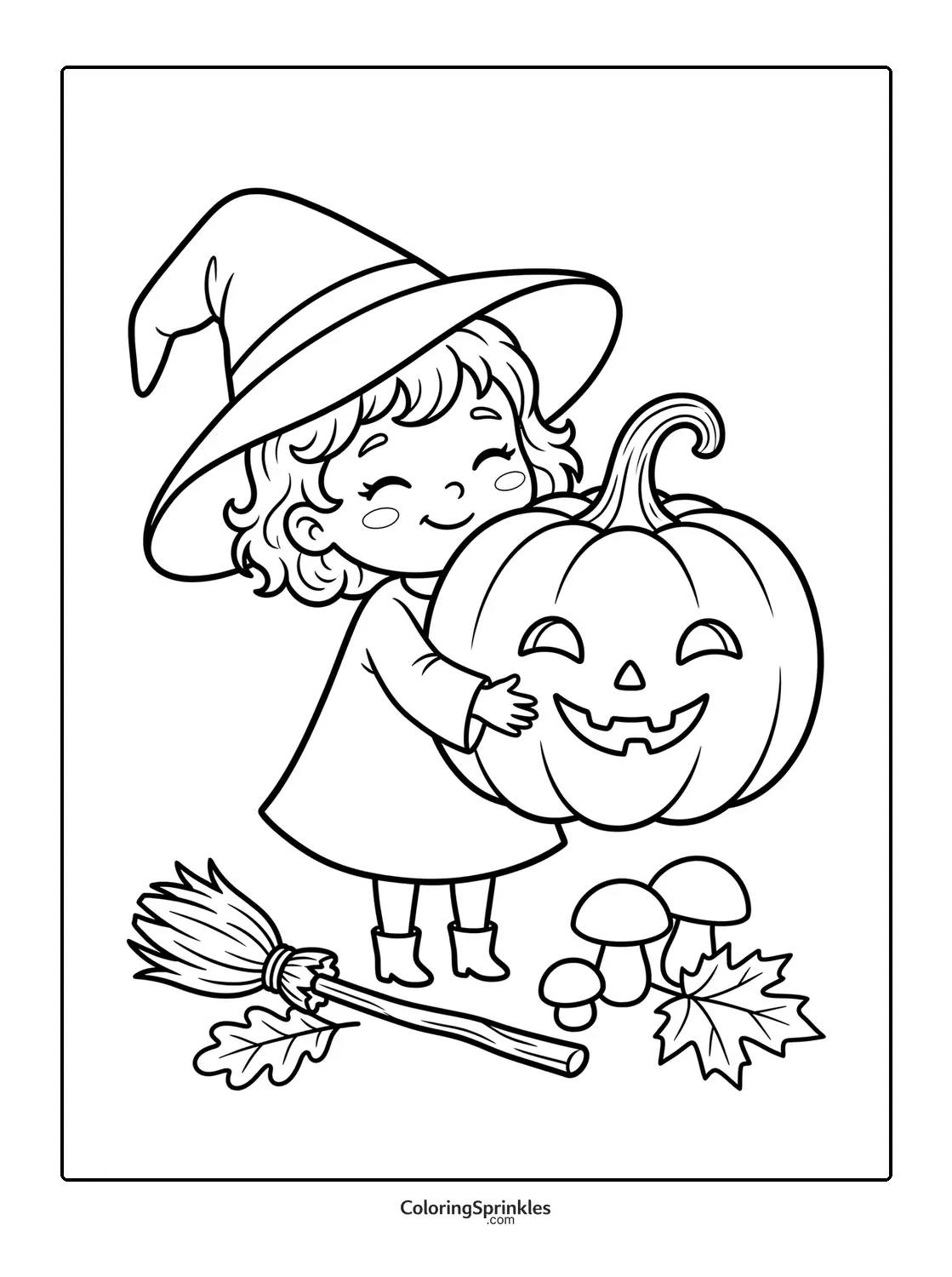 Coloring page of a cute witch holding a jack-o-lantern pumpkin