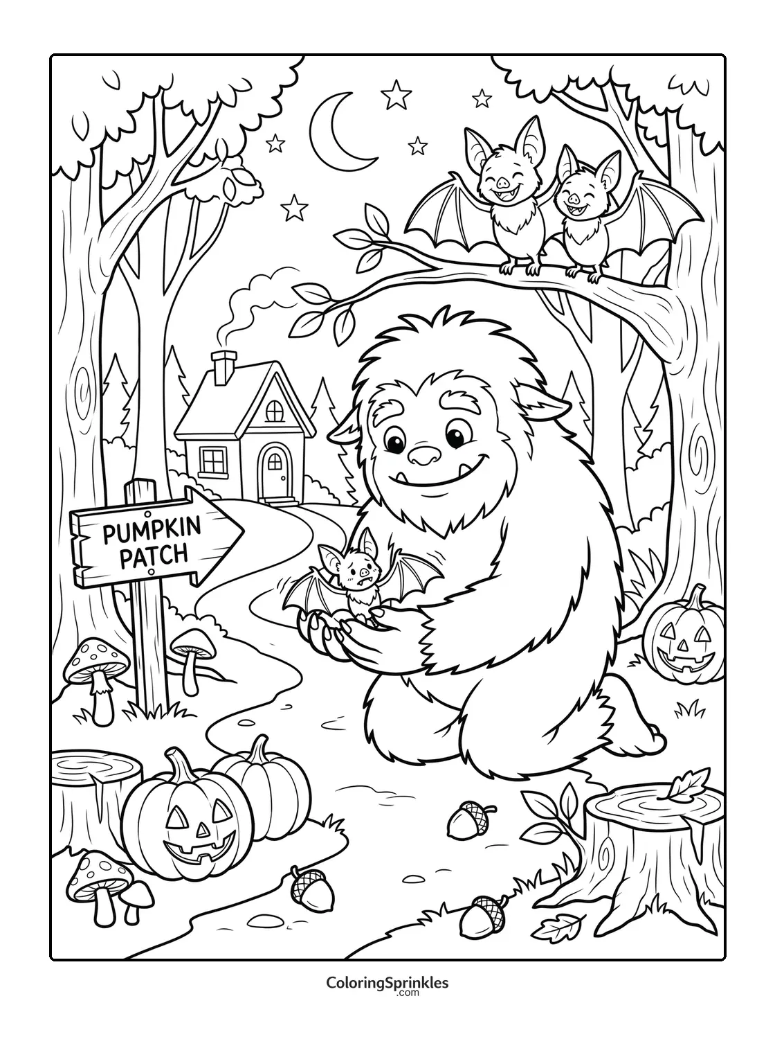 Coloring page of a friendly monster holding a bat near a pumpkin patch in a forest