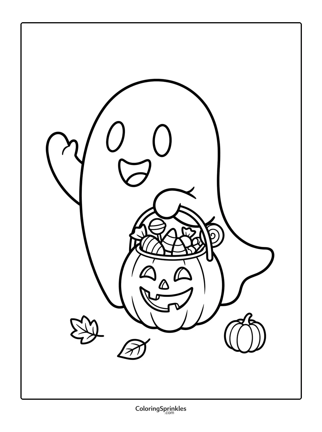 Coloring page of a happy ghost holding a pumpkin basket full of candy with leaves on the ground
