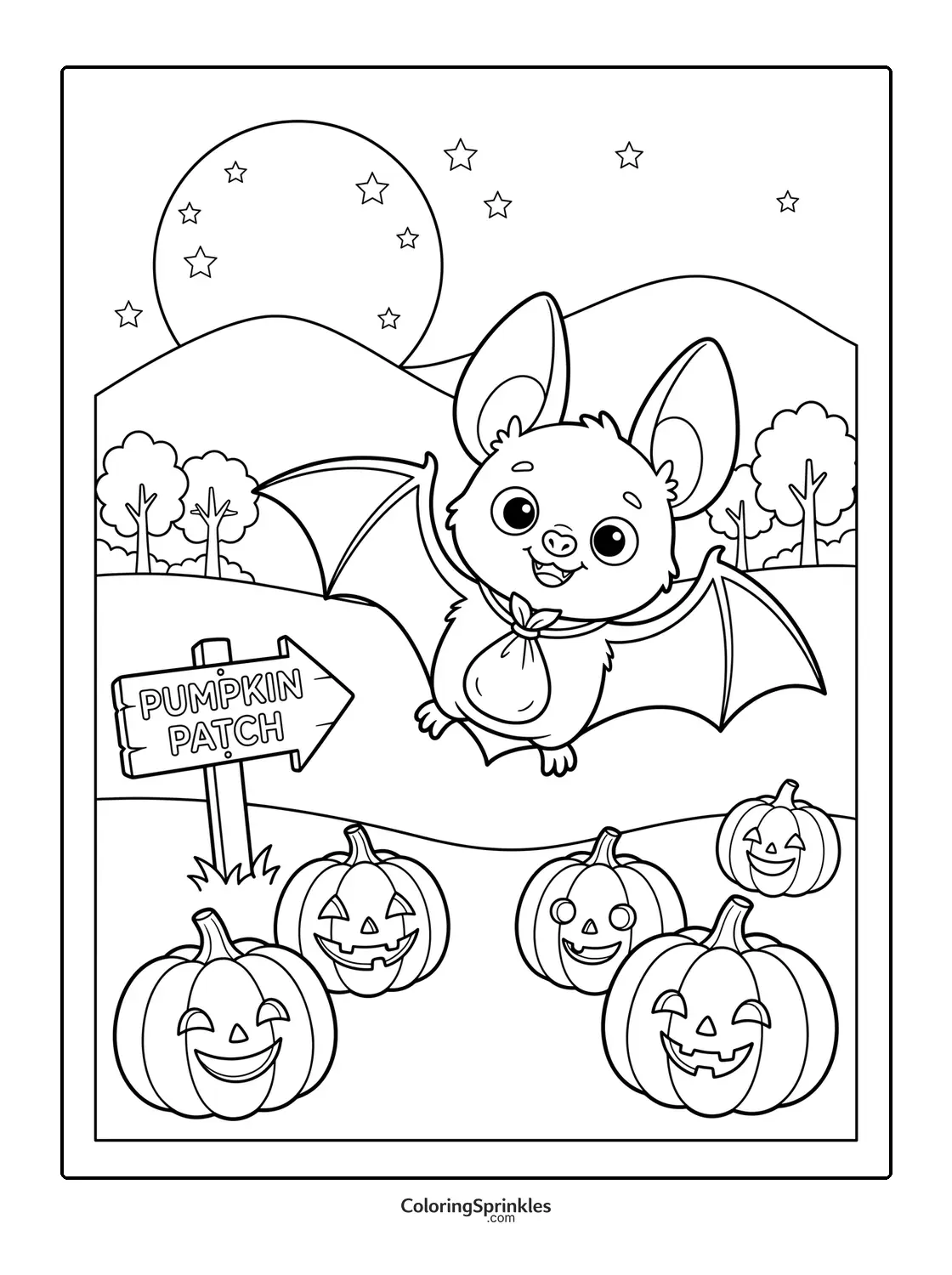 Coloring page of a happy bat flying over a pumpkin patch at night