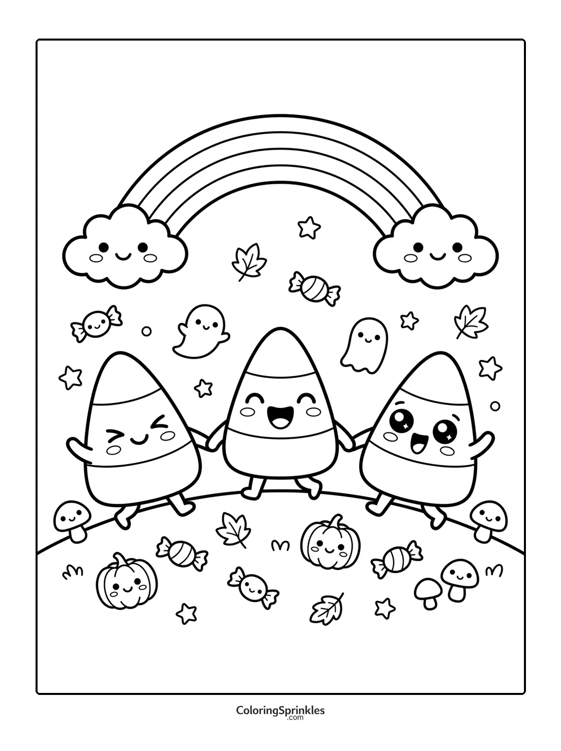 Coloring page of happy candy corn characters holding hands with ghosts under a rainbow