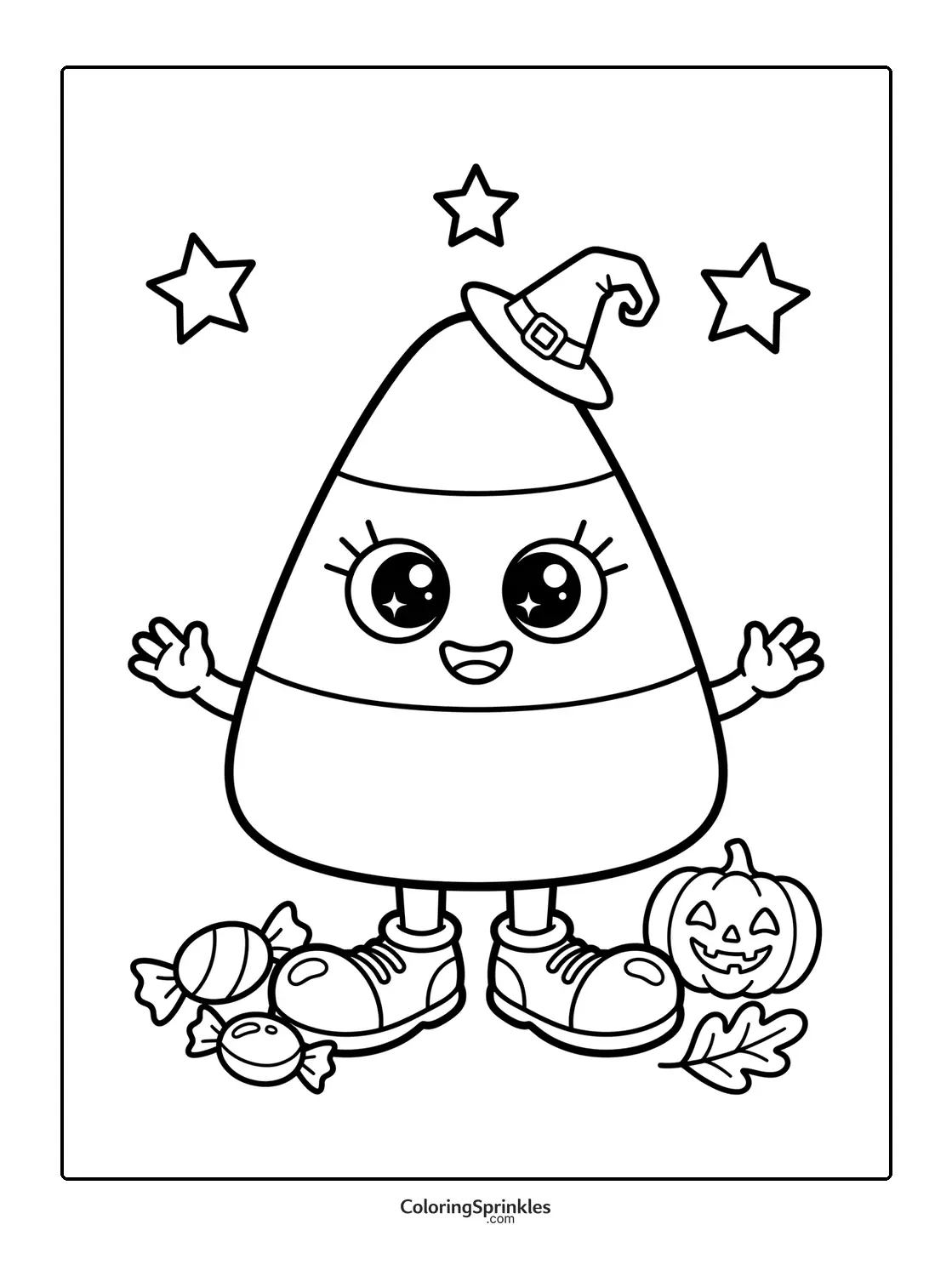 Coloring page of a cute candy corn wearing a witch hat with Halloween treats