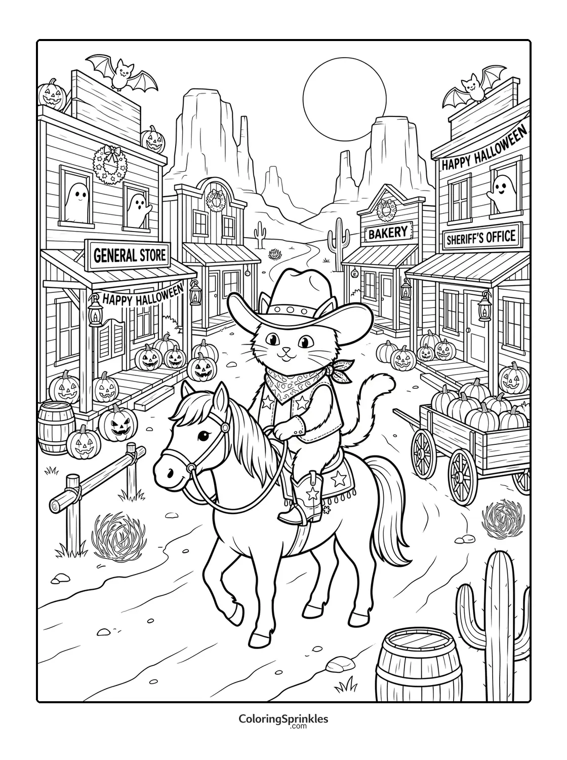 Coloring page of a Halloween cat cowboy riding a horse in a western town