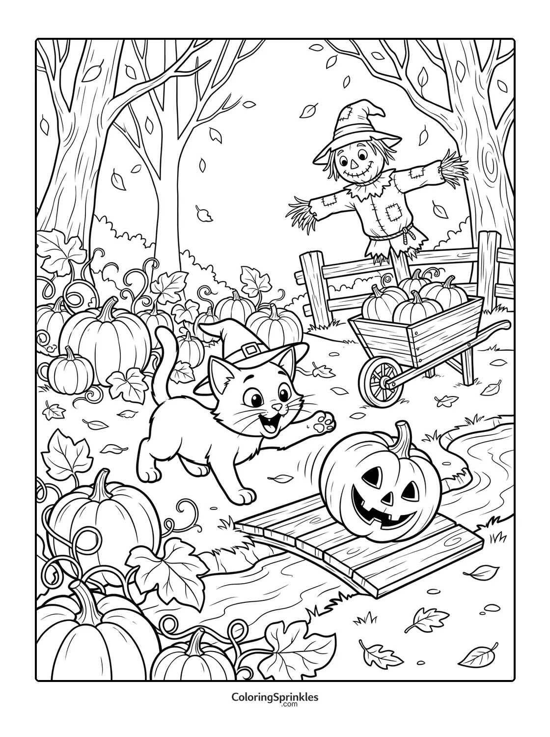 Coloring page of a Halloween cat playing near a pumpkin and scarecrow