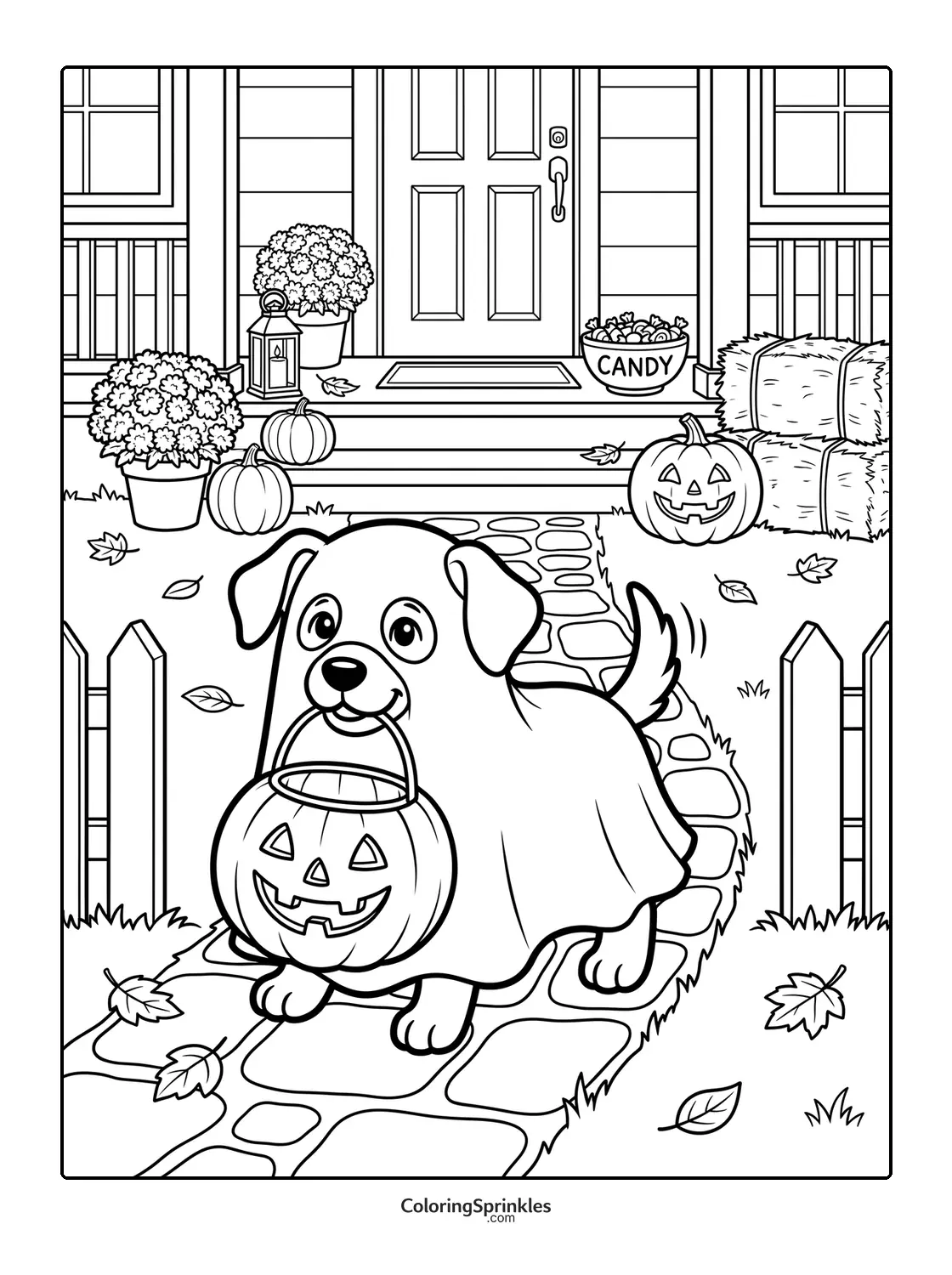 Coloring page of a dog in a Halloween costume carrying a pumpkin candy bucket