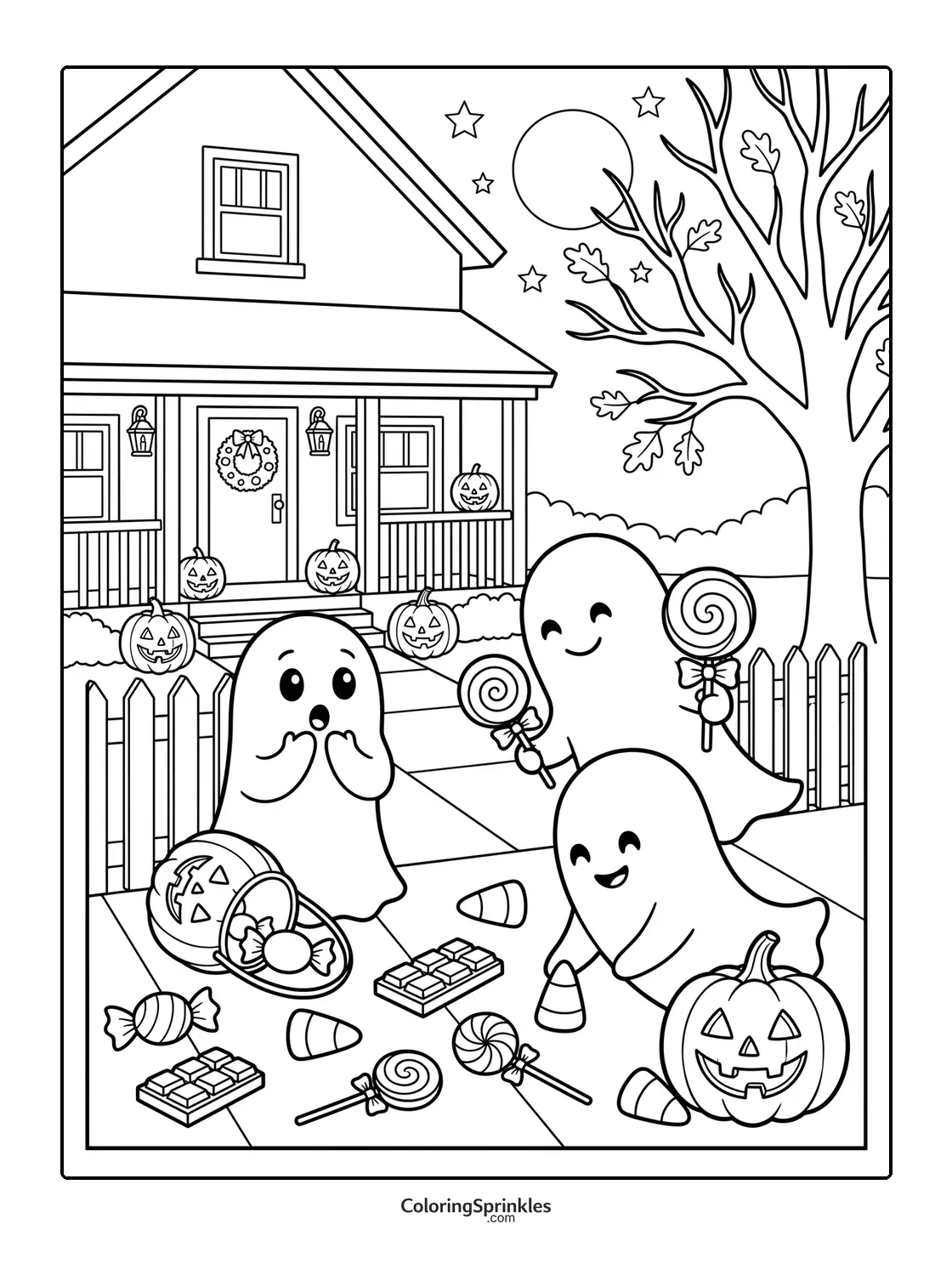 Coloring page of three happy ghosts with candy and pumpkins in front of a house