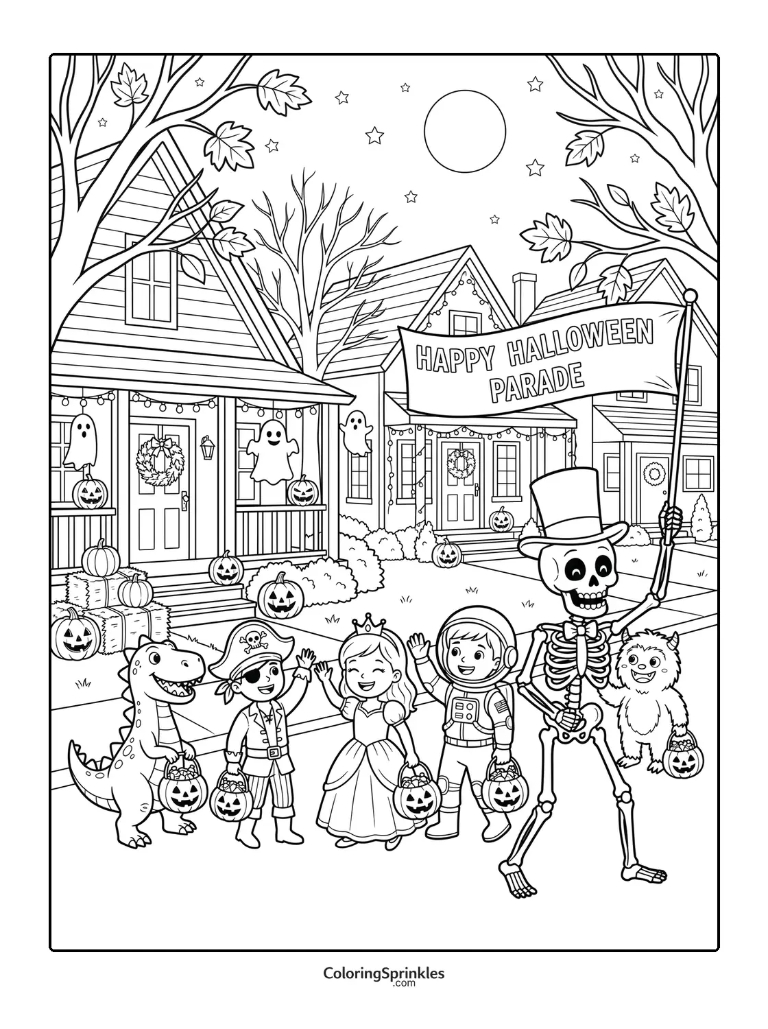 Coloring page of kids in Halloween costumes in a parade with a skeleton holding a banner