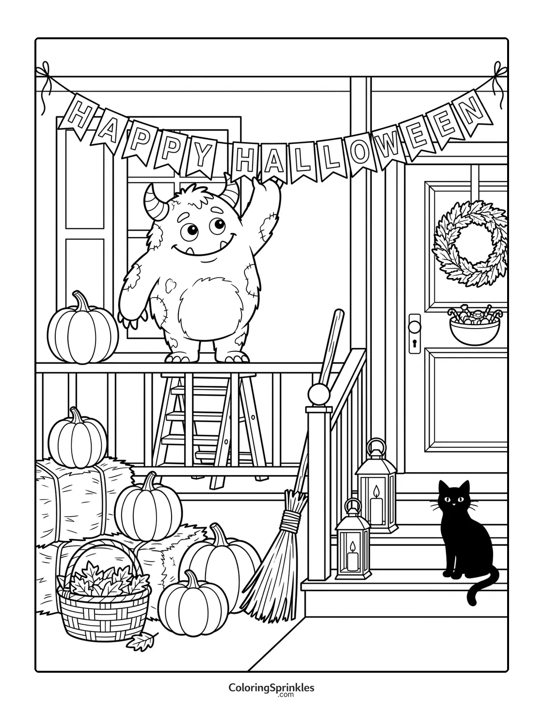 Coloring page of a cute monster hanging a happy halloween banner on a porch with pumpkins and a black cat