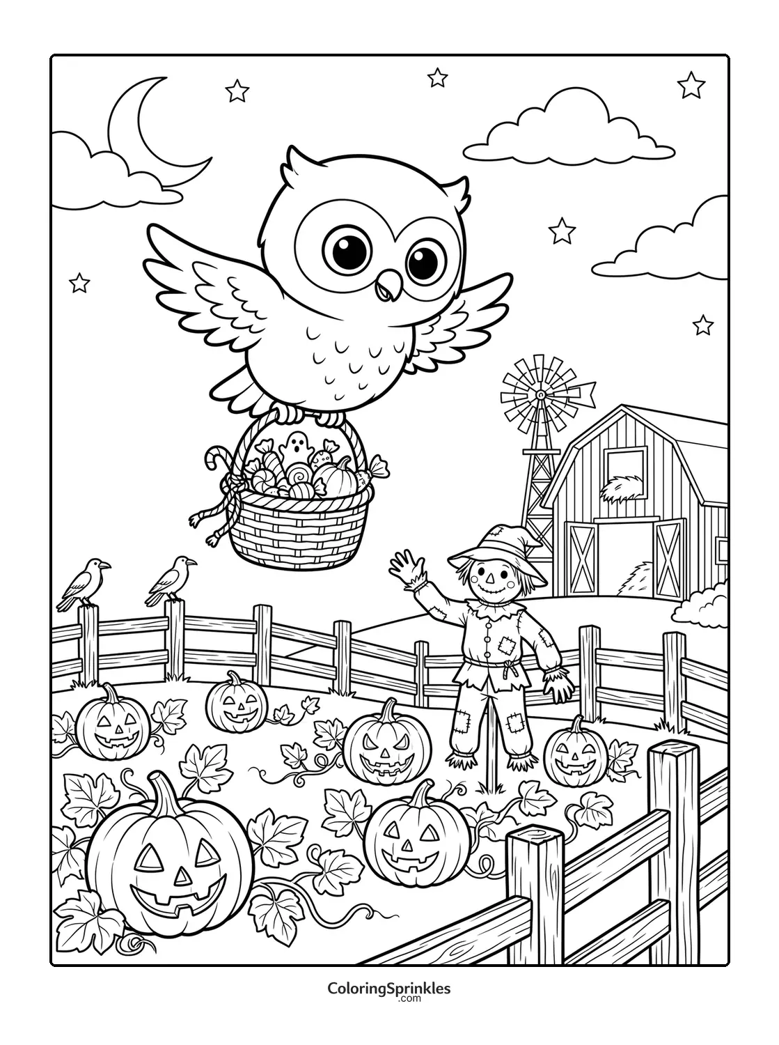 Coloring page of a Halloween owl carrying a basket over a pumpkin patch with a scarecrow on a farm
