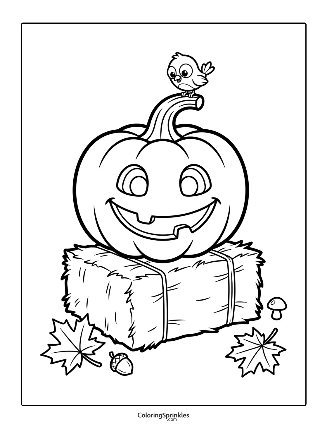 Coloring page of a smiling Halloween pumpkin with a bird on top sitting on a hay bale