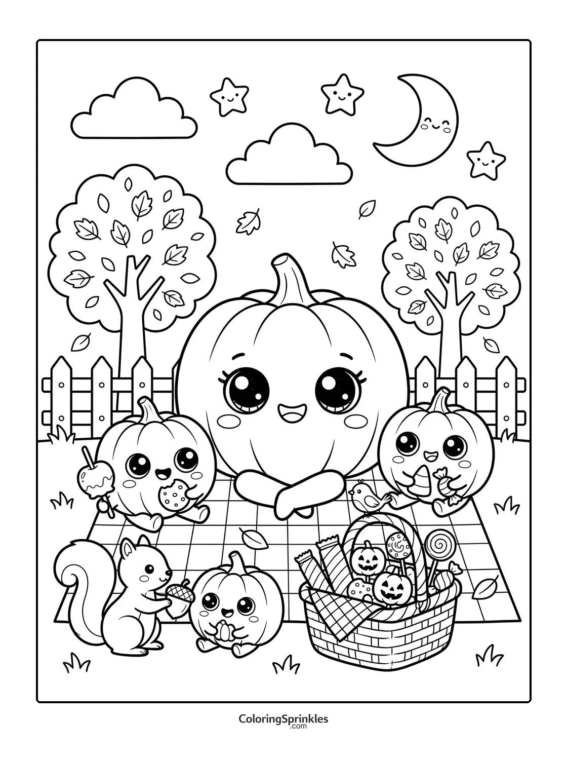 Coloring page of cute Halloween pumpkins having a picnic with a squirrel and candy basket