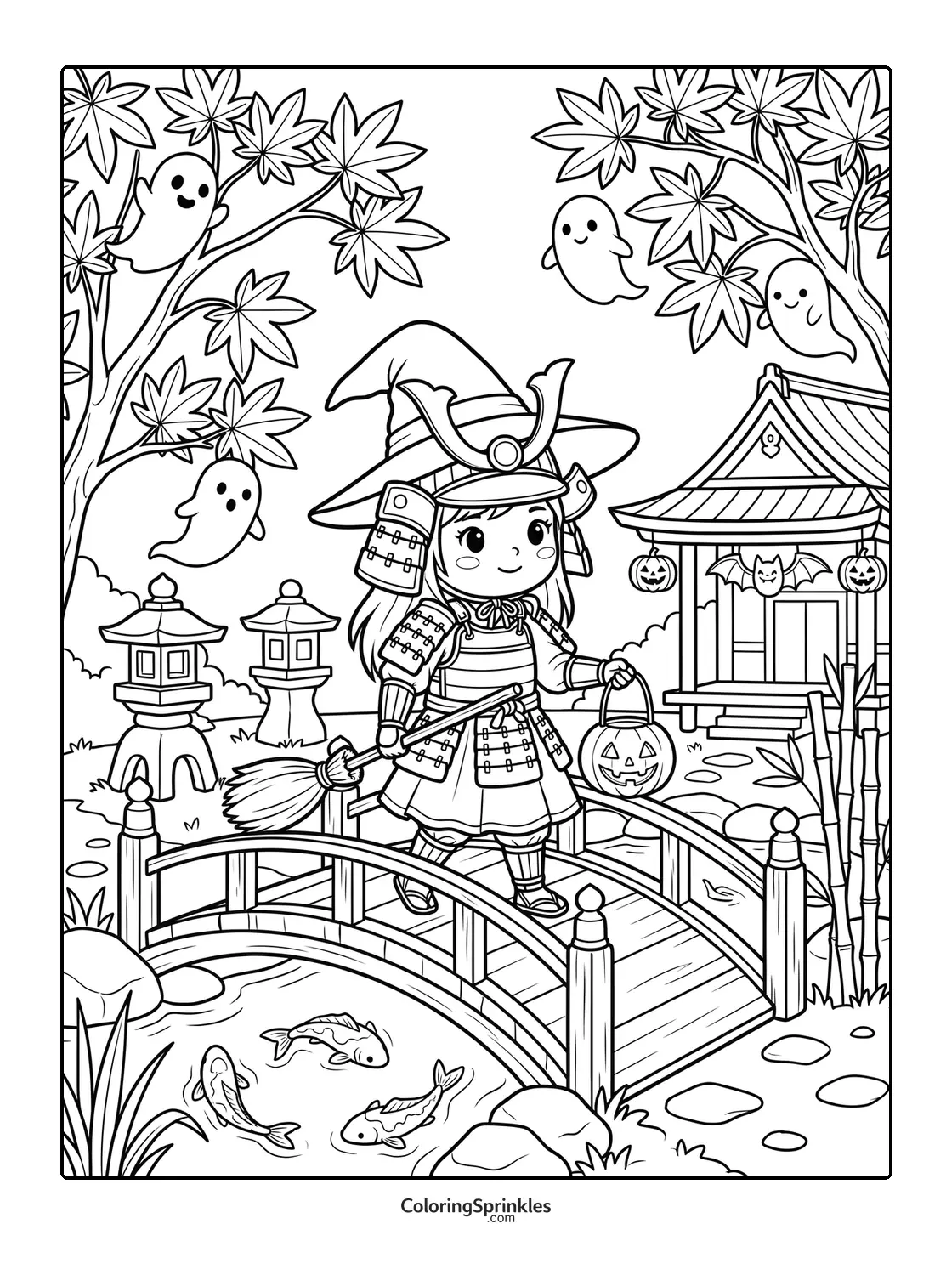 Coloring page of a Halloween samurai girl crossing a bridge with ghosts and a pond