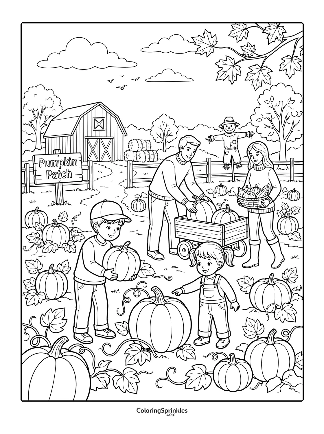 Coloring page of a family picking pumpkins in a pumpkin patch
