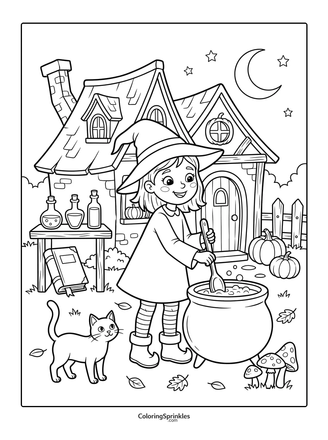 Coloring page of a witch girl stirring a cauldron with a cat near pumpkins and a house
