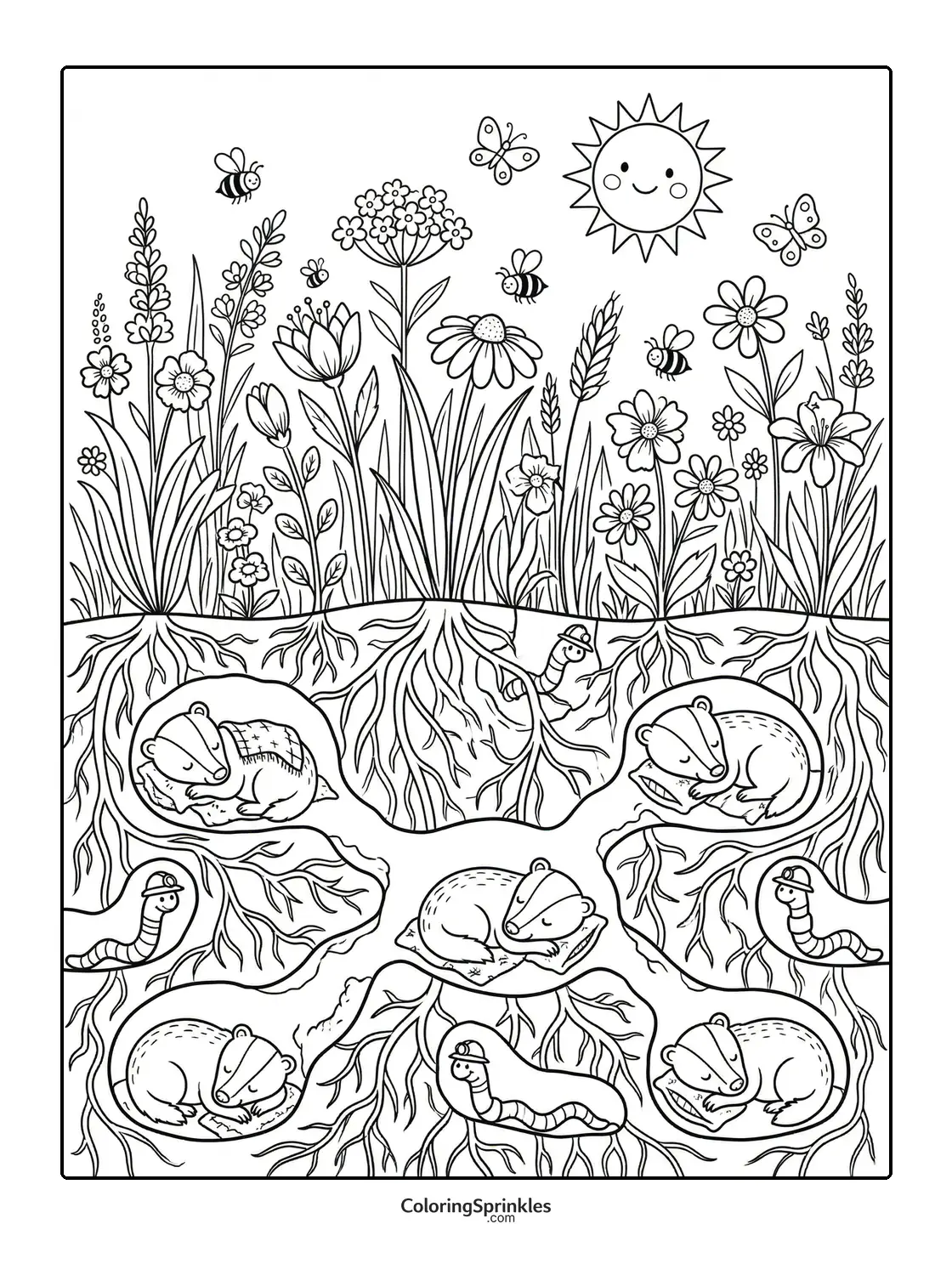 Coloring page of badgers sleeping underground beneath flowers with worms