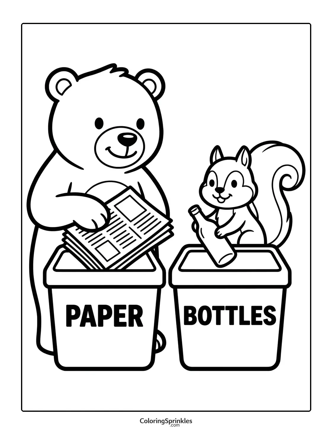 Coloring page of a bear and squirrel recycling paper and bottles
