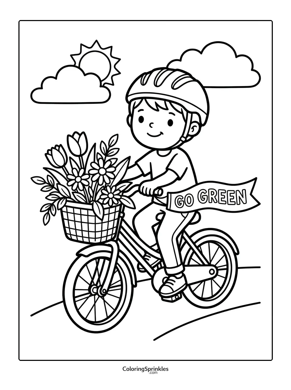 Coloring page of a boy riding a bicycle with flowers and a go green flag