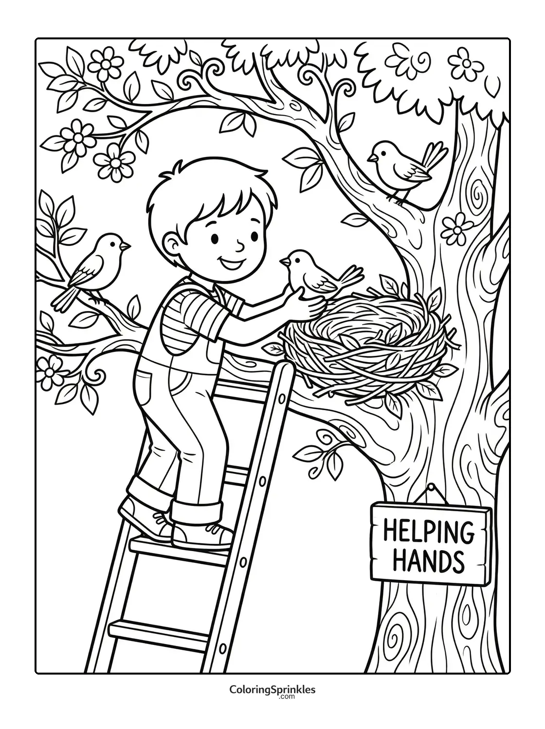 Coloring page of a boy helping birds with their nest in a tree using a ladder