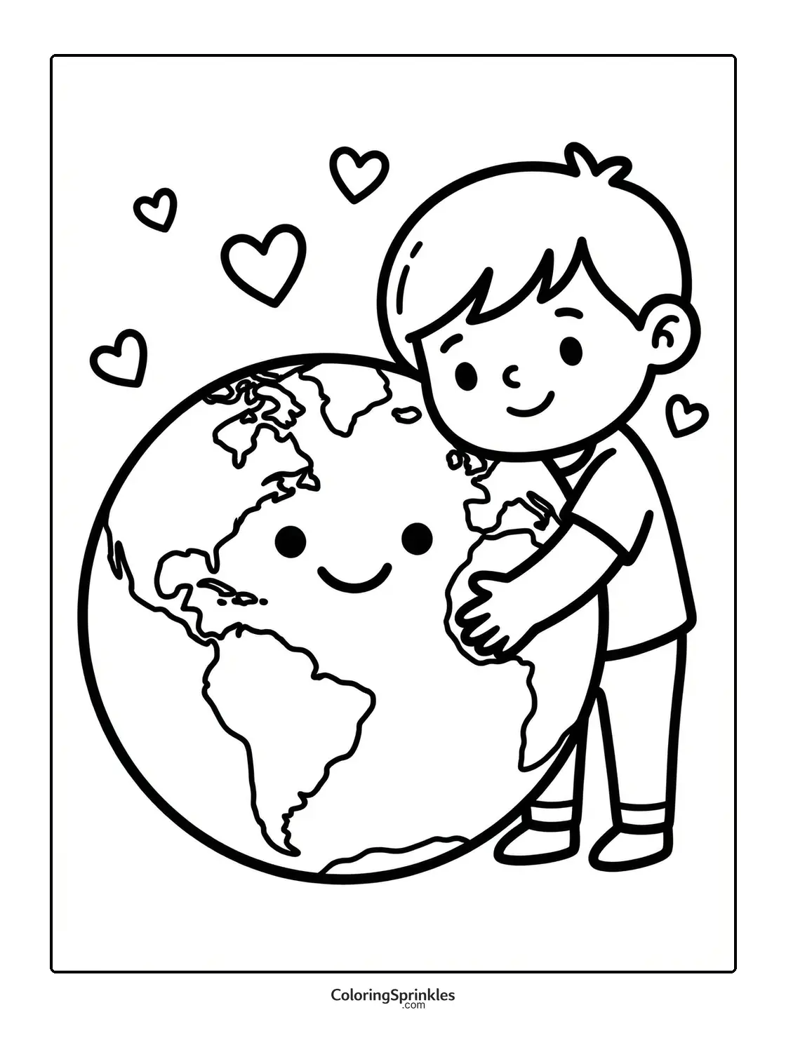 Coloring page of a boy hugging a smiling Earth with hearts