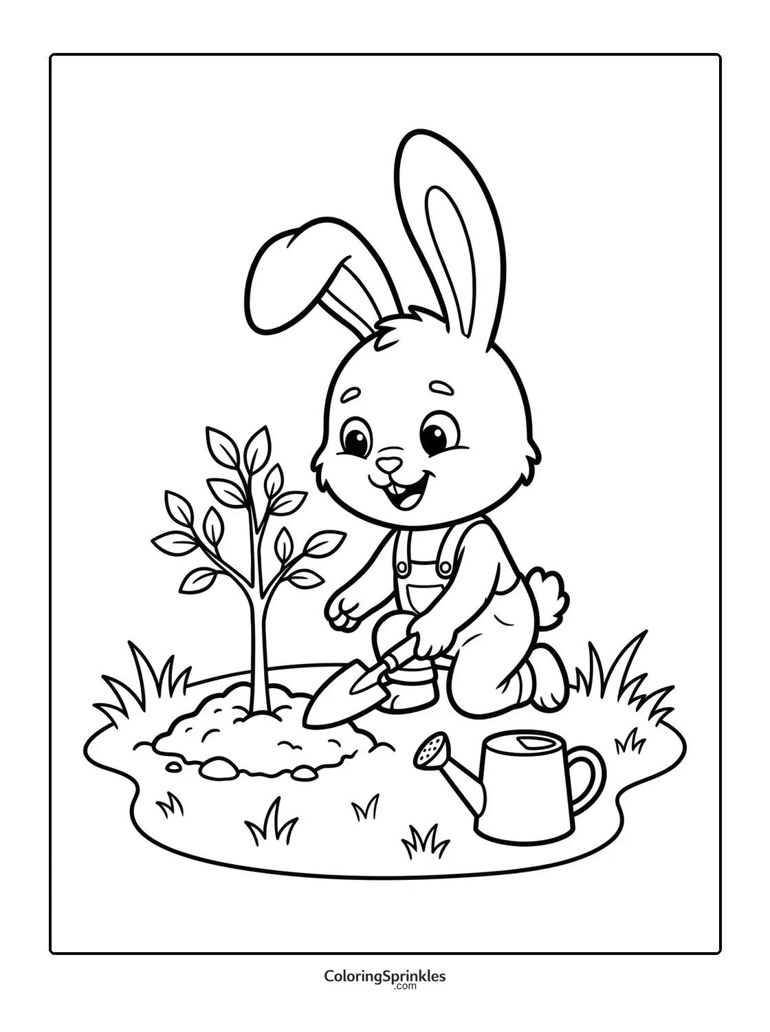 Coloring page of a bunny planting a tree with a watering can nearby