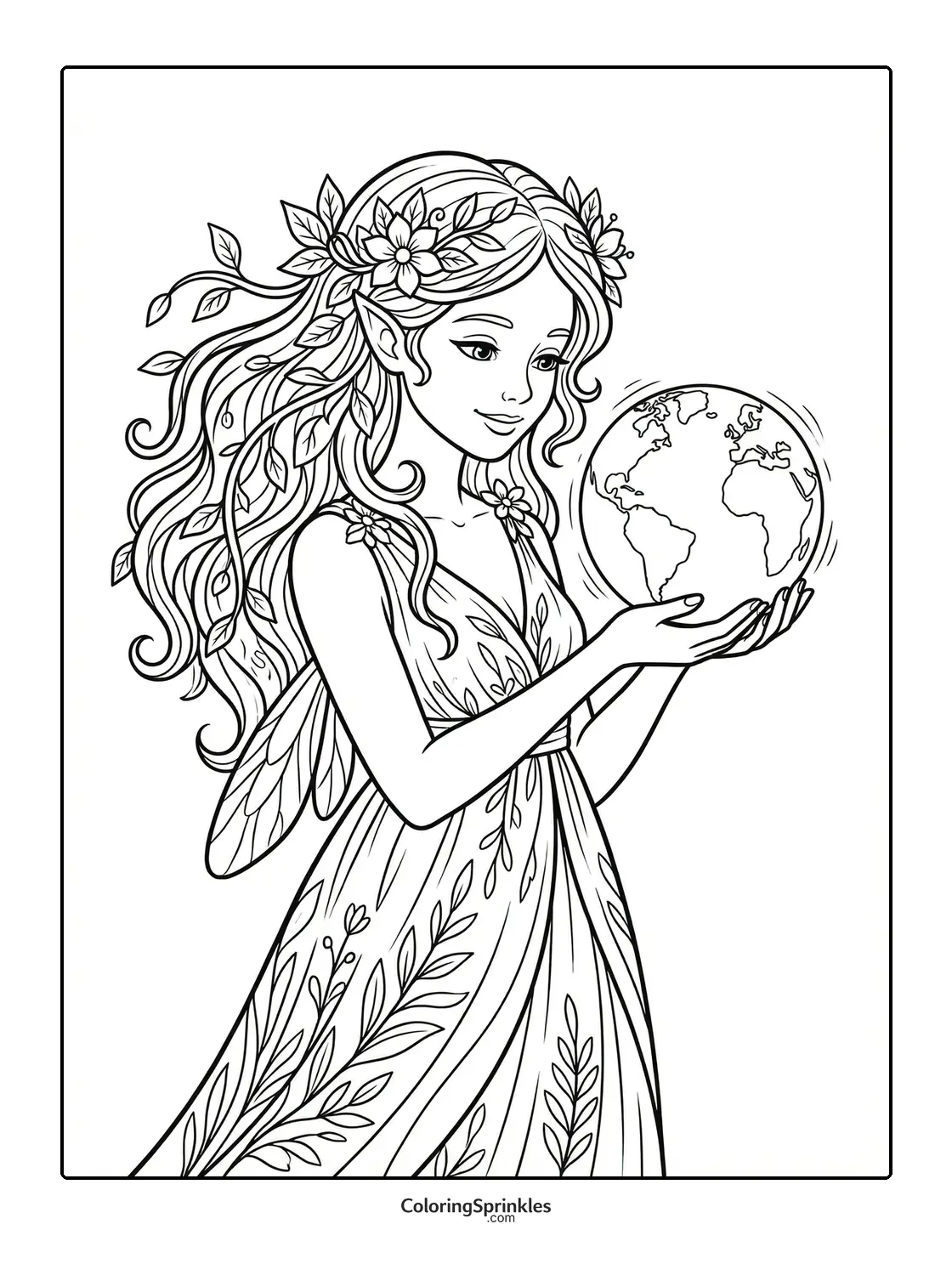 Coloring page of an earth fairy holding a globe with nature elements