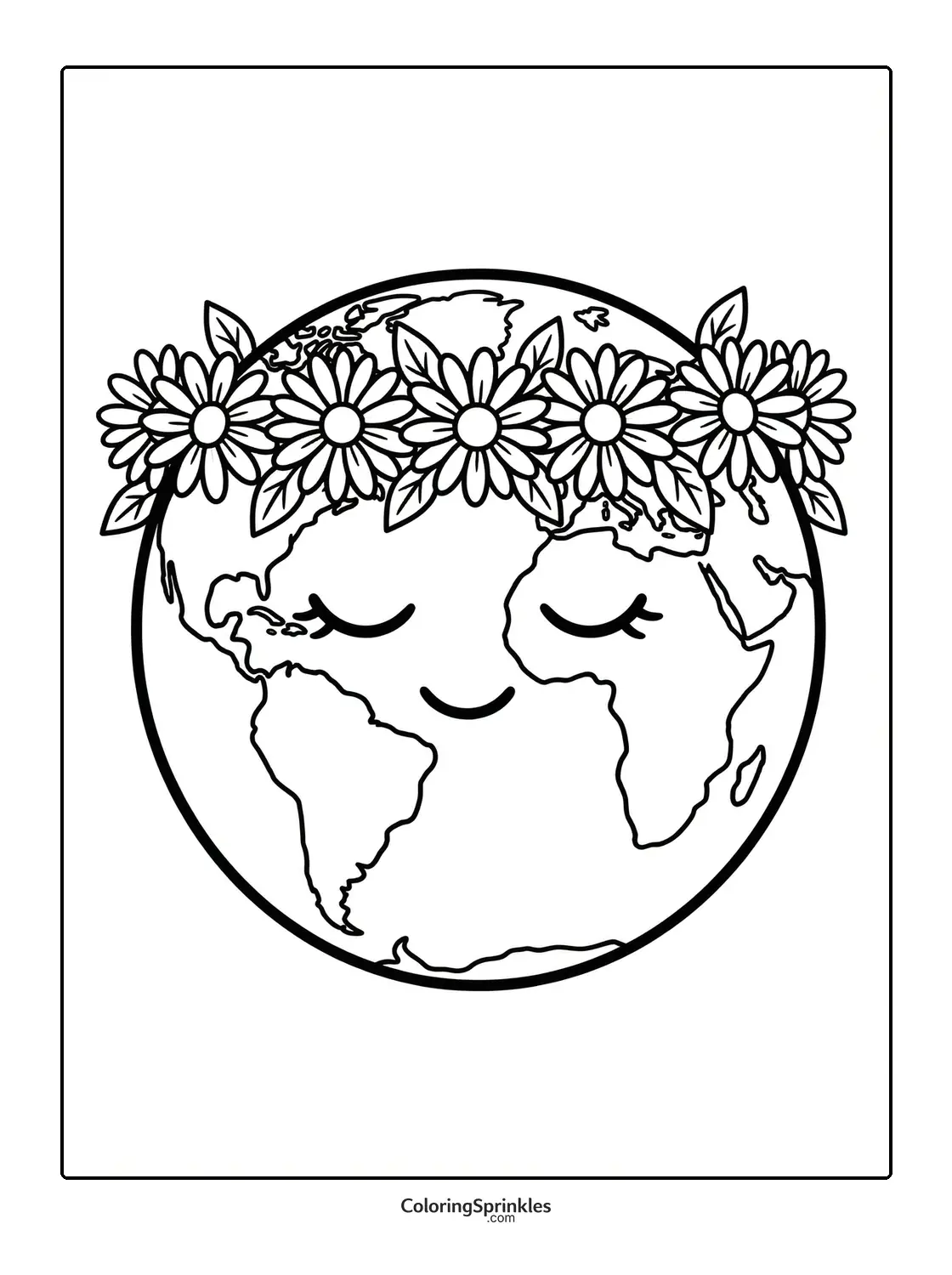 Coloring page of a smiling Earth wearing a flower crown