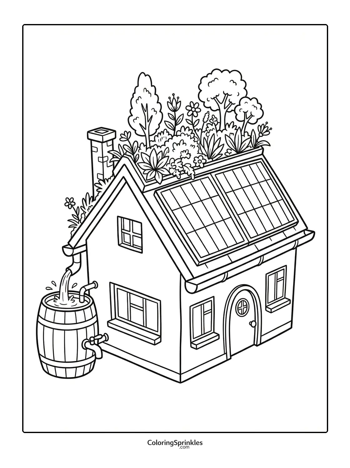 Coloring page of an eco-friendly house with solar panels, a green roof, and a rain barrel