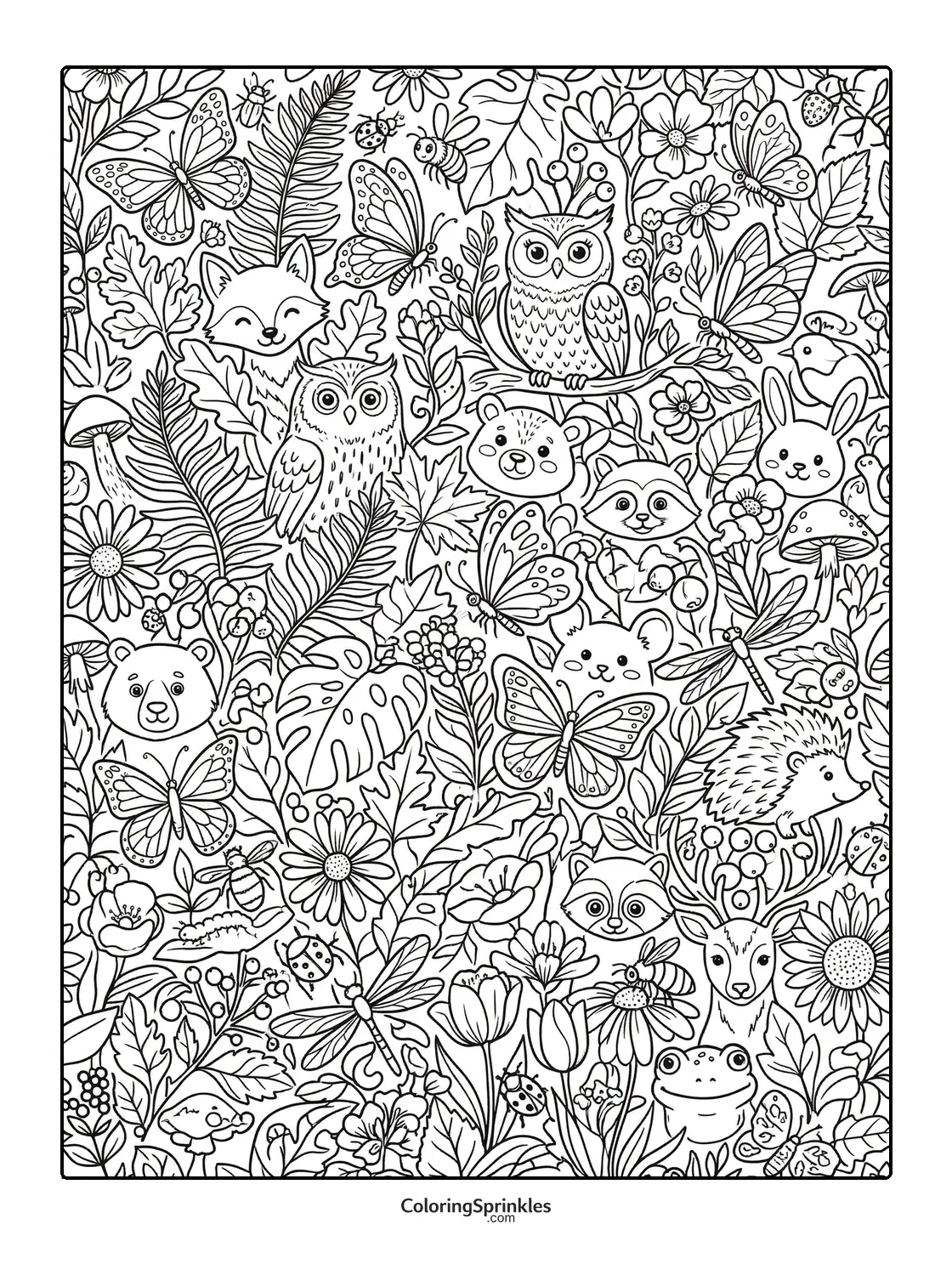 Coloring page of forest animals surrounded by butterflies, flowers, and leaves