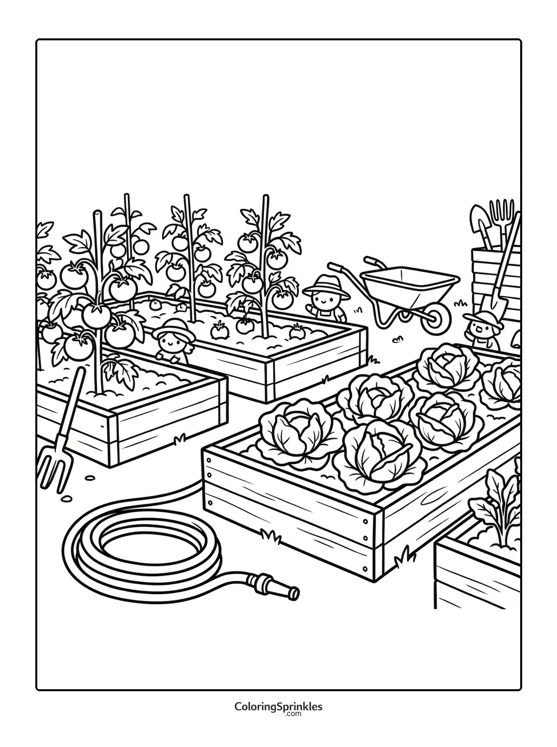 Coloring page of children gardening in raised vegetable beds with tools