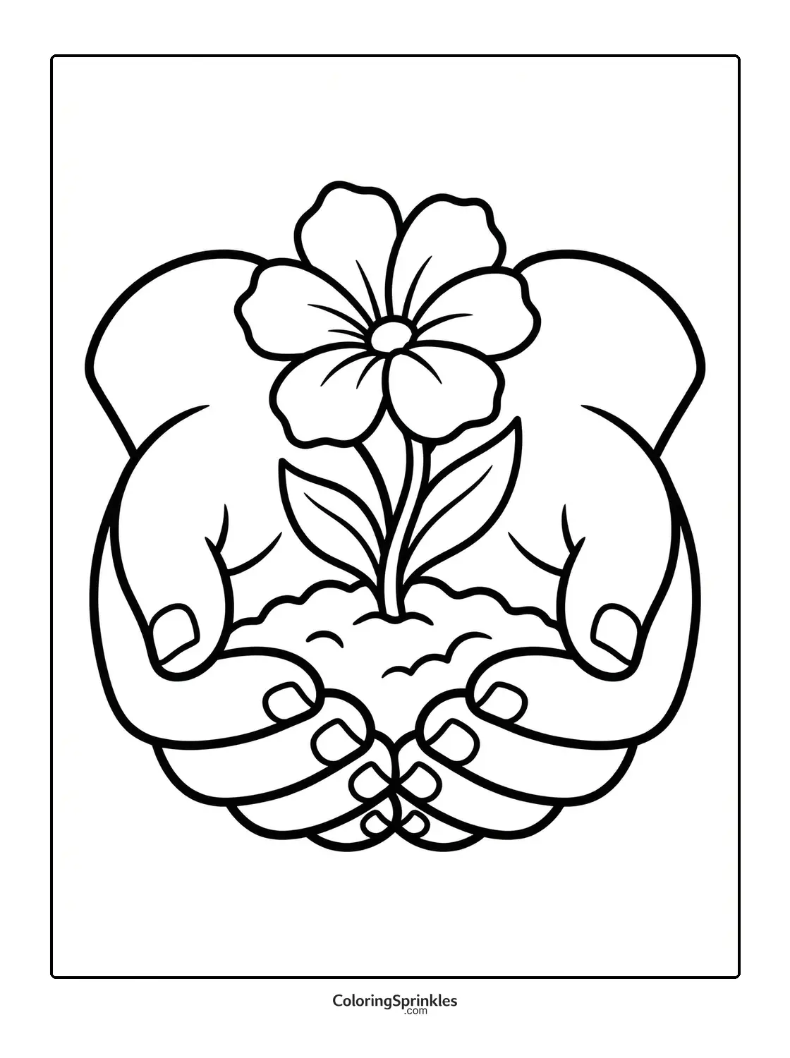 Coloring page of hands holding a flower growing in soil